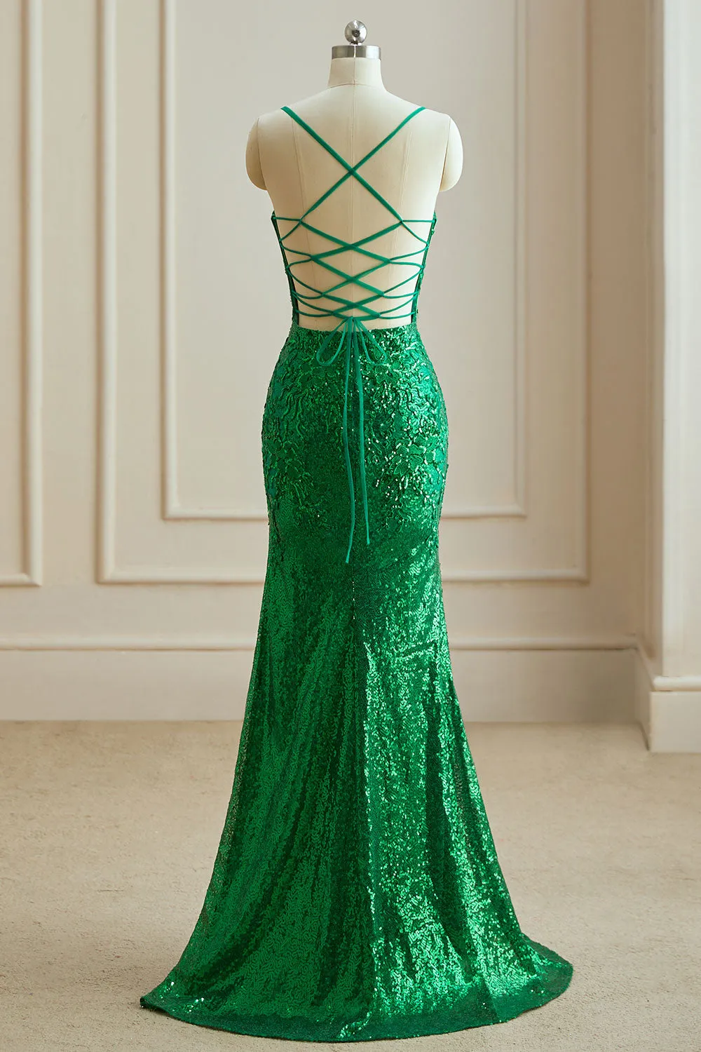 Mermaid Spaghetti Straps V Neck Sequin Slit Prom Dresses with Appliques Sexy Evening Dresses