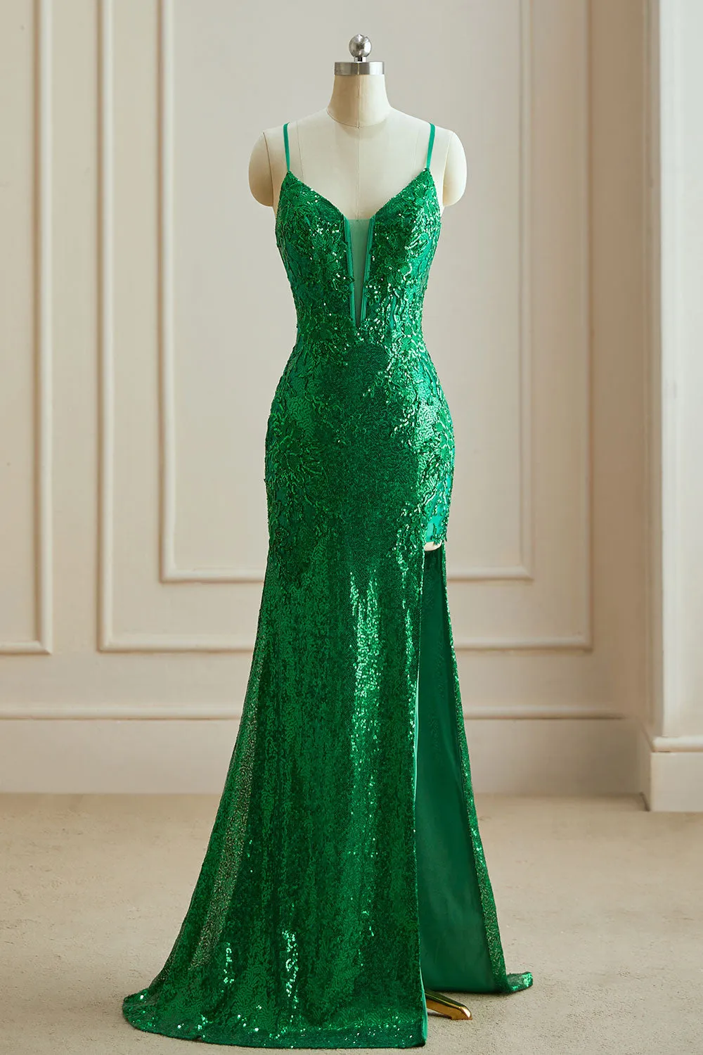 Mermaid Spaghetti Straps V Neck Sequin Slit Prom Dresses with Appliques Sexy Evening Dresses