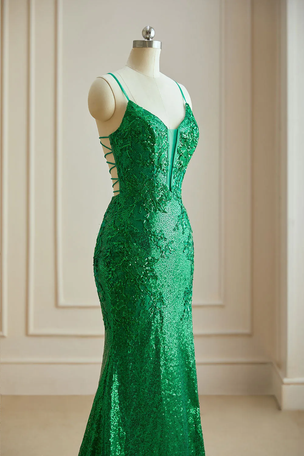 Mermaid Spaghetti Straps V Neck Sequin Slit Prom Dresses with Appliques Sexy Evening Dresses