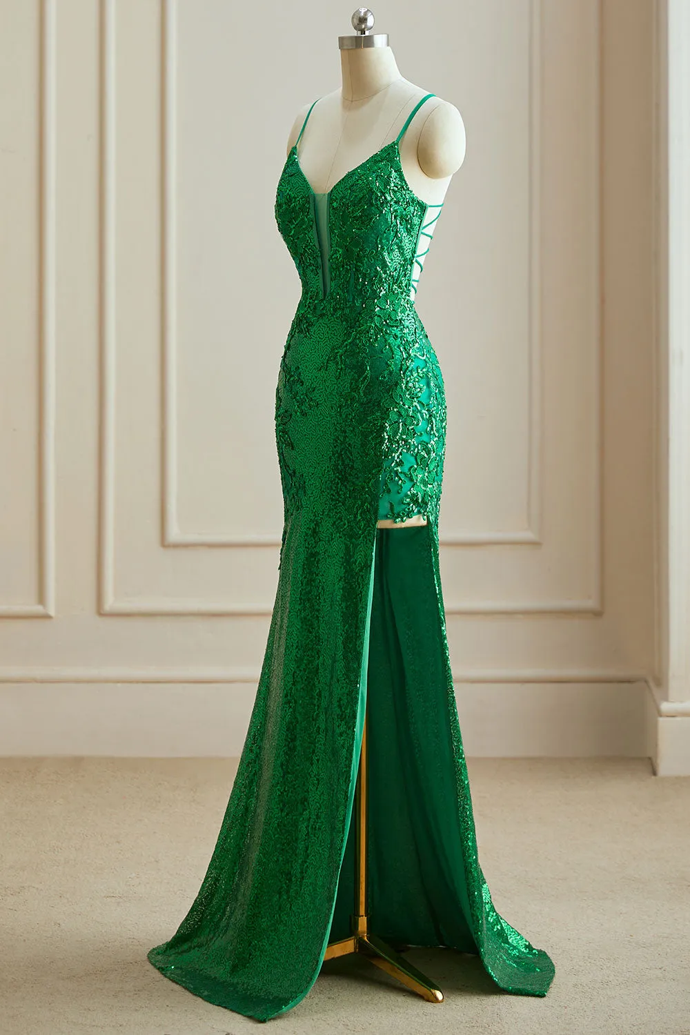 Mermaid Spaghetti Straps V Neck Sequin Slit Prom Dresses with Appliques Sexy Evening Dresses