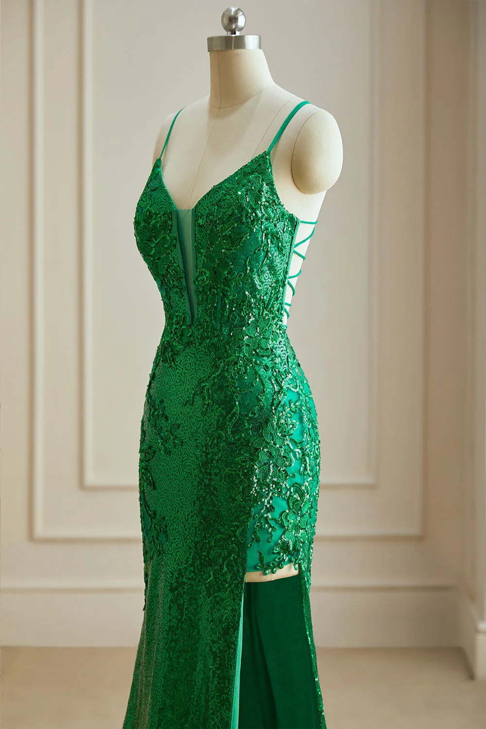 Mermaid Spaghetti Straps V Neck Sequin Slit Prom Dresses with Appliques Sexy Evening Dresses