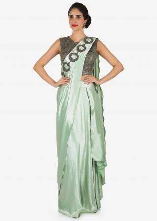Mint green pre stitched saree in moti embroidery only on Kalki