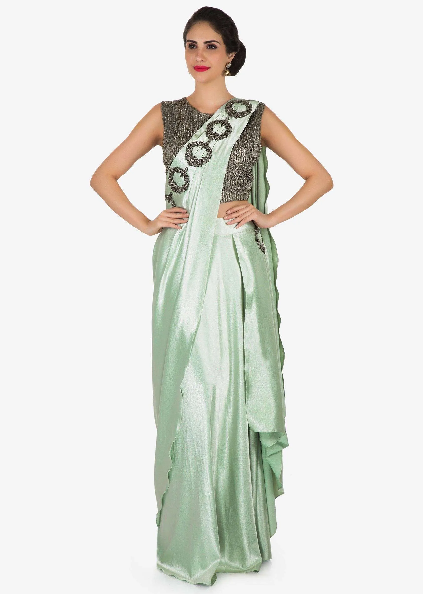 Mint green pre stitched saree in moti embroidery only on Kalki
