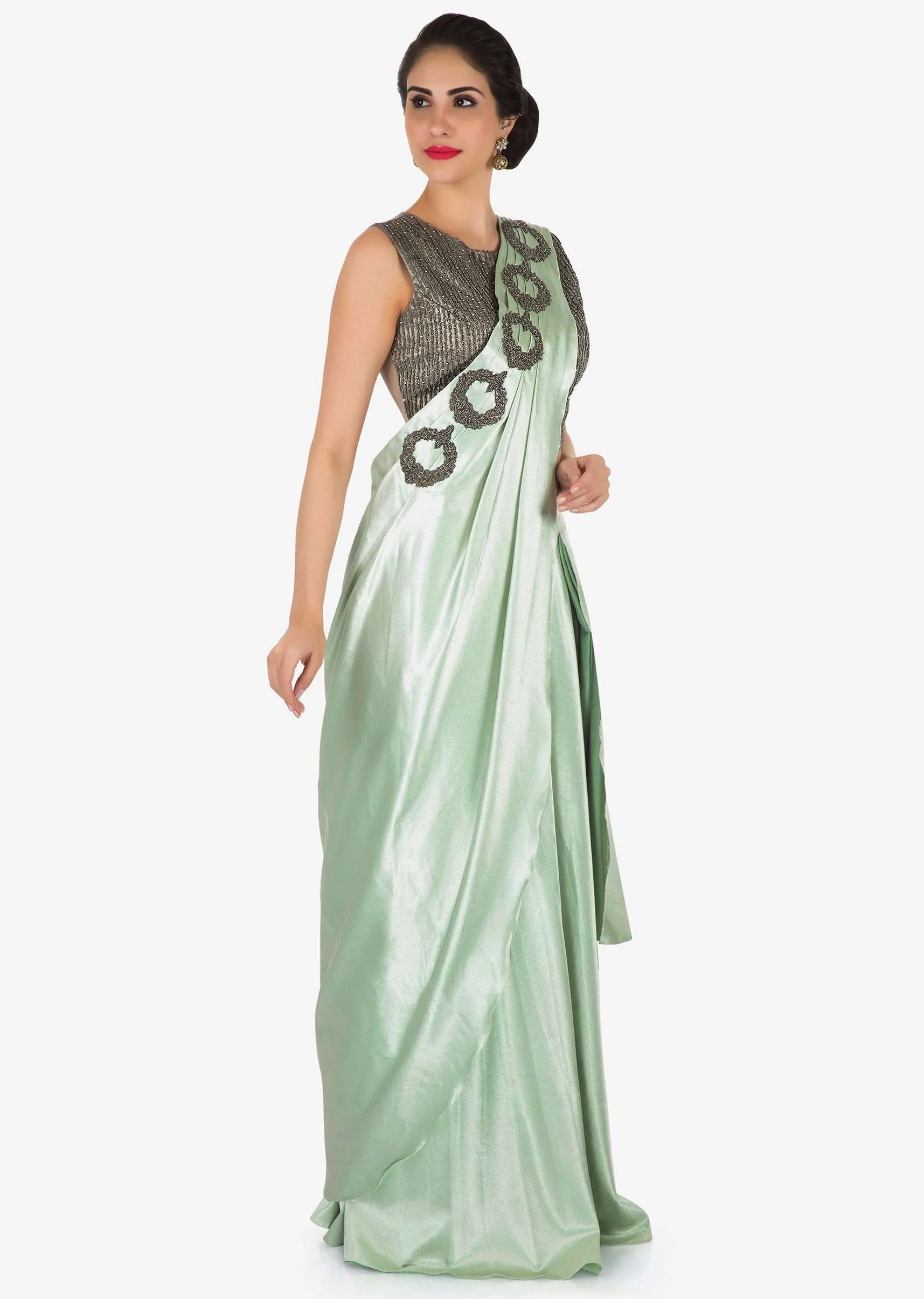 Mint green pre stitched saree in moti embroidery only on Kalki