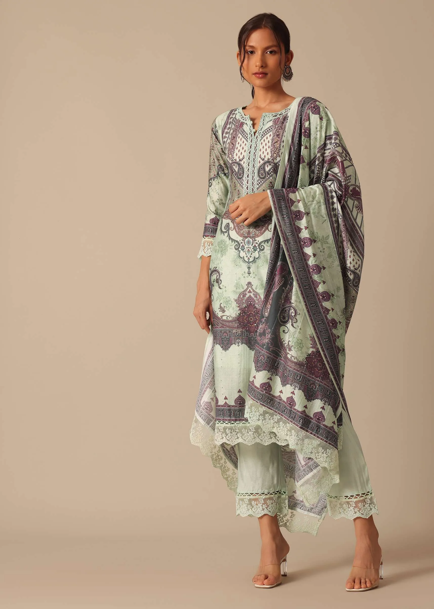 Mint Green Printed Kurta Set With Crochet Lace
