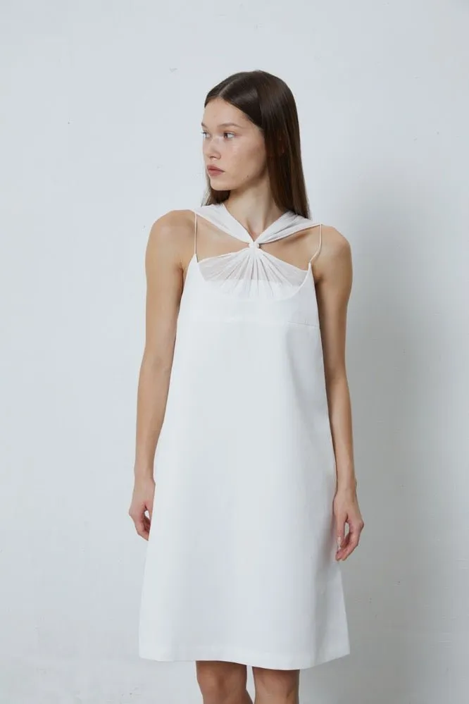 Pintucked Beaded Tie Dress in White