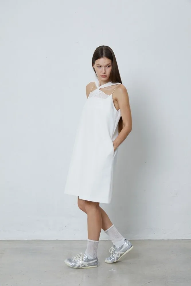 Pintucked Beaded Tie Dress in White