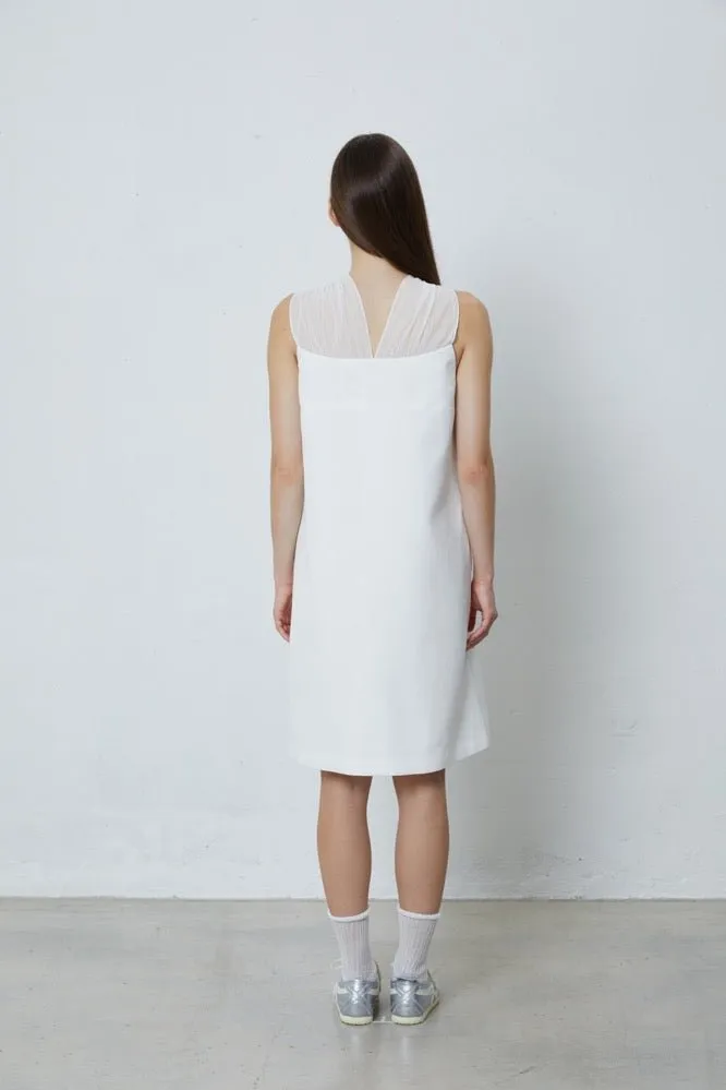 Pintucked Beaded Tie Dress in White
