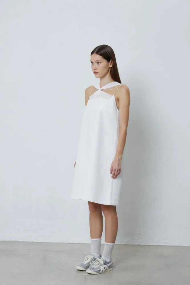 Pintucked Beaded Tie Dress in White