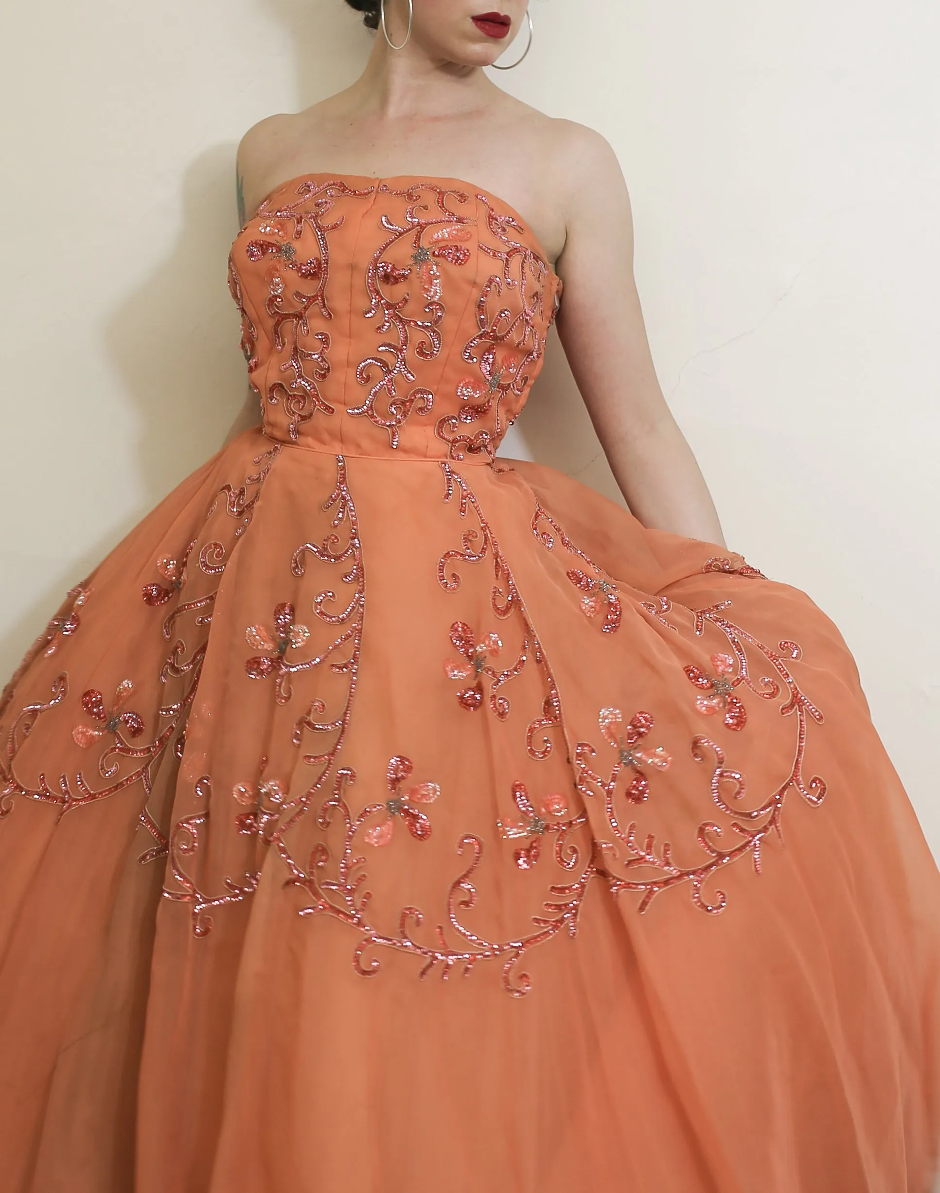 RESERVED - Vintage 1950s Orange Beaded Ballgown Dress