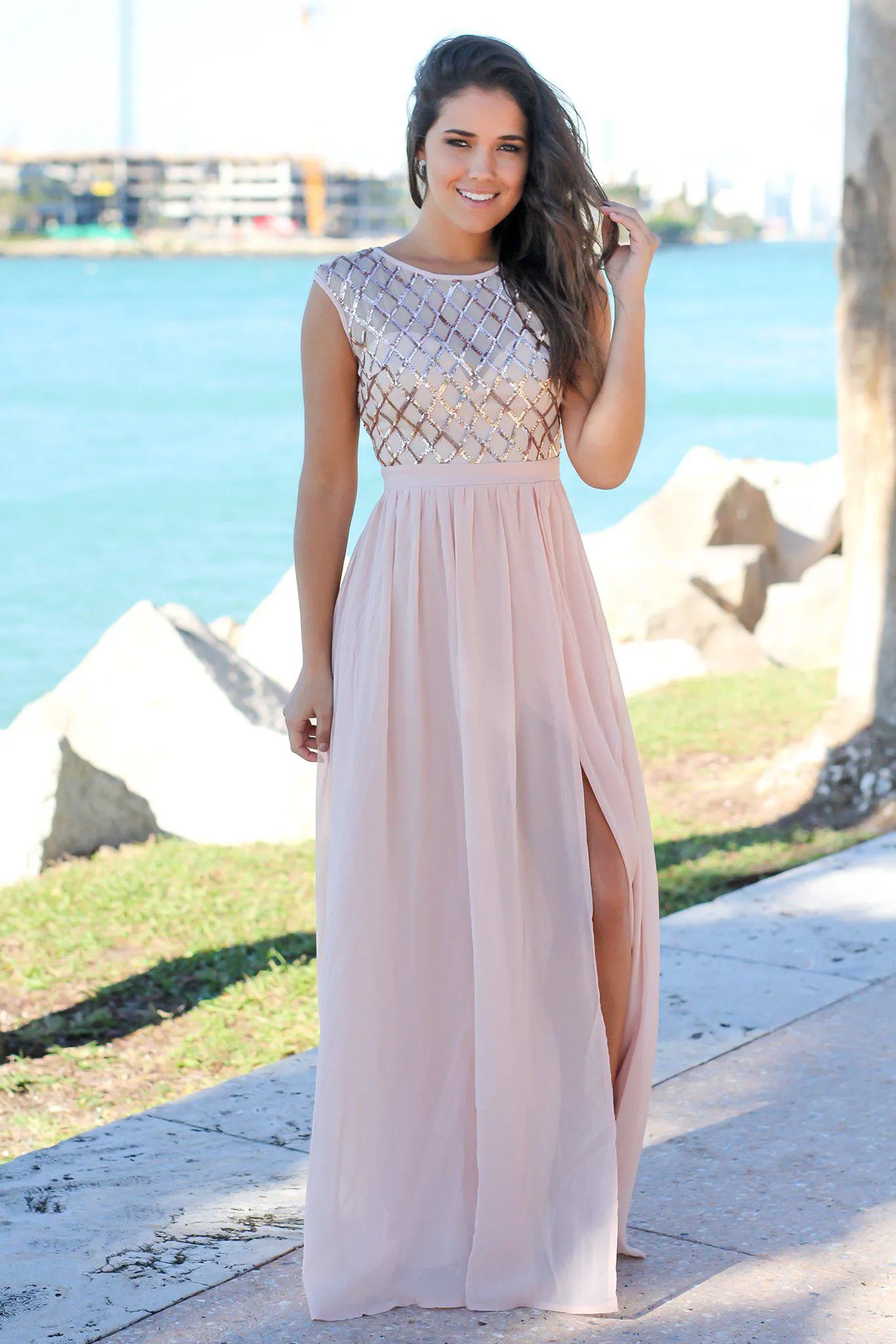 Rose Gold Maxi Dress with Sequin Top