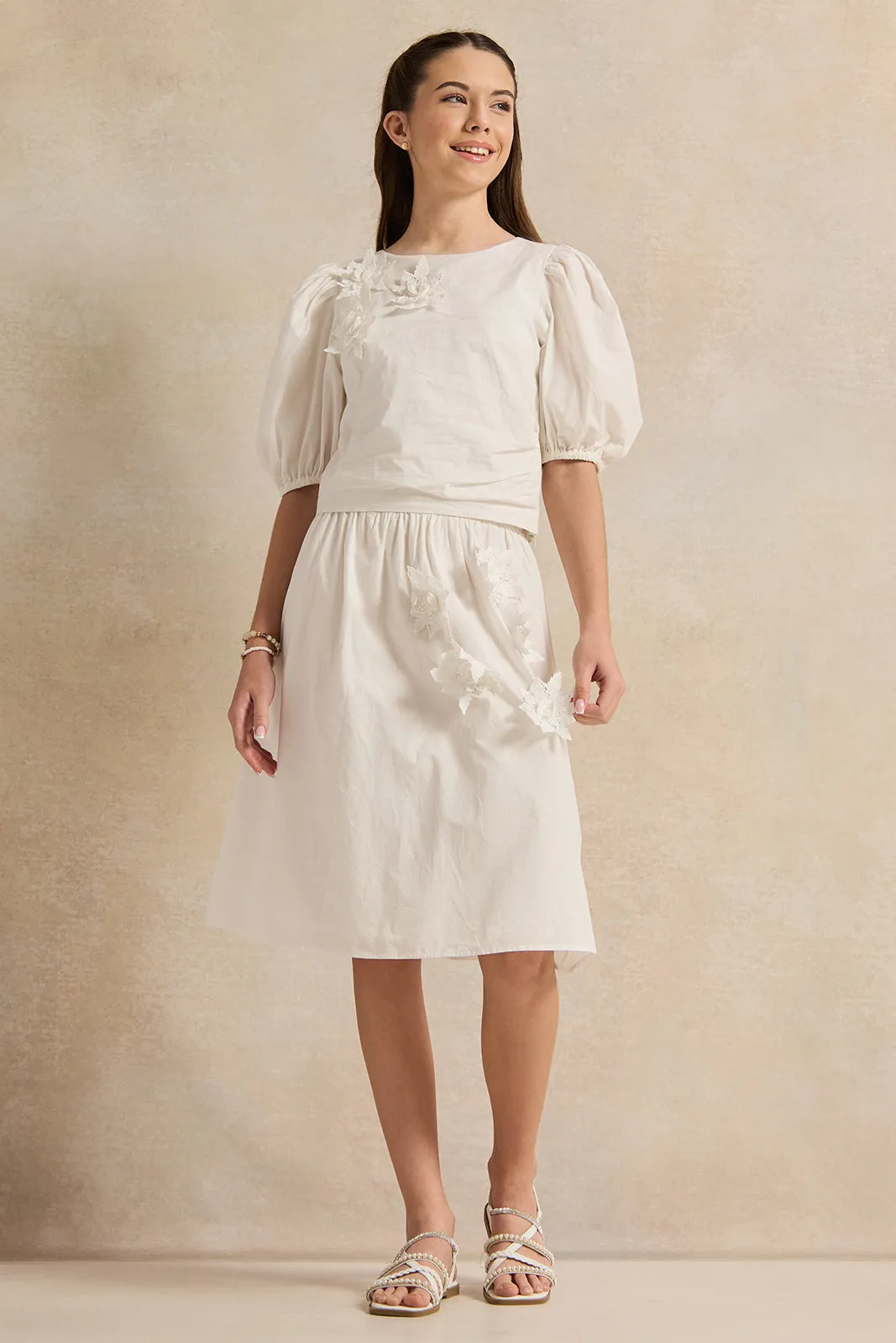 Senior Girls White Poplin With 3D Flower