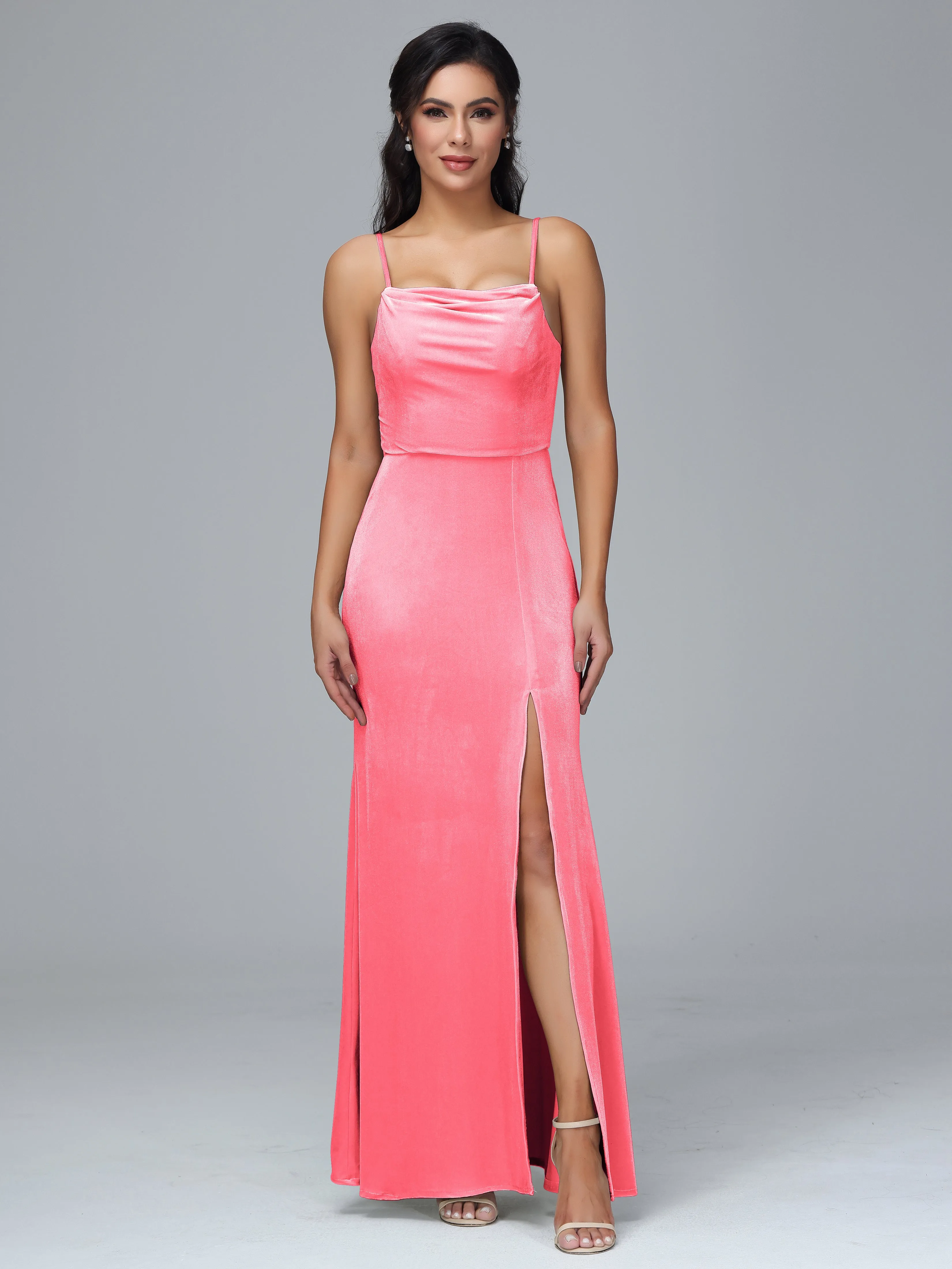Spaghetti Straps Velvet Bridesmaid Dresses With Split