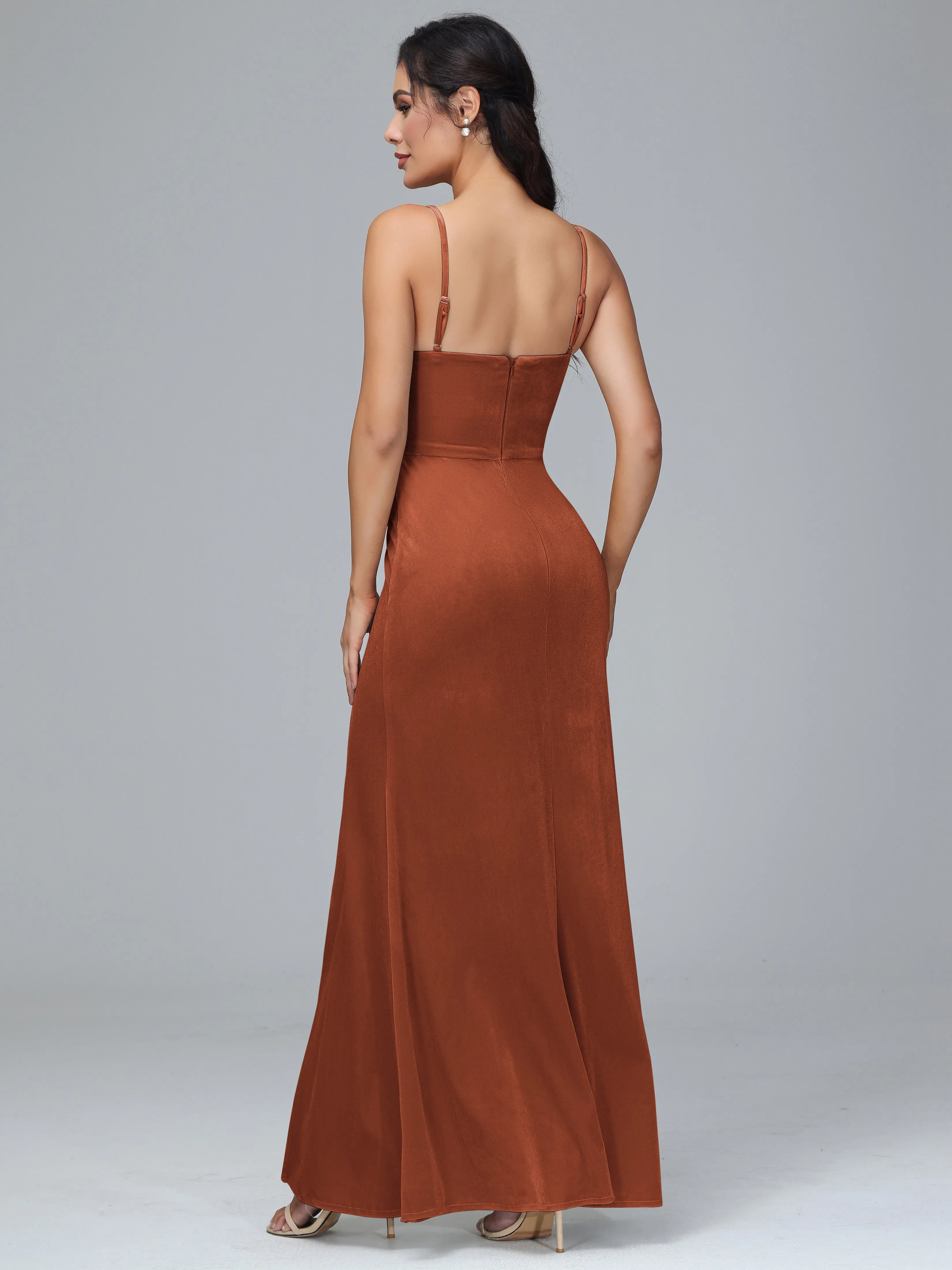 Spaghetti Straps Velvet Bridesmaid Dresses With Split