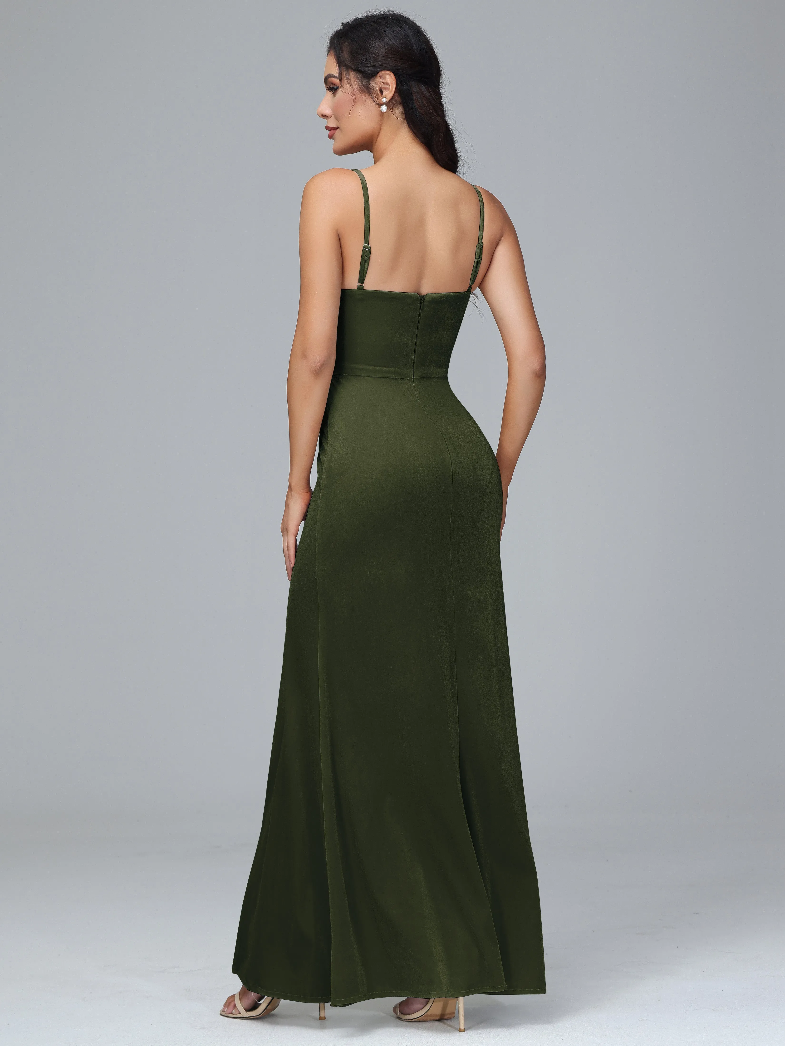 Spaghetti Straps Velvet Bridesmaid Dresses With Split