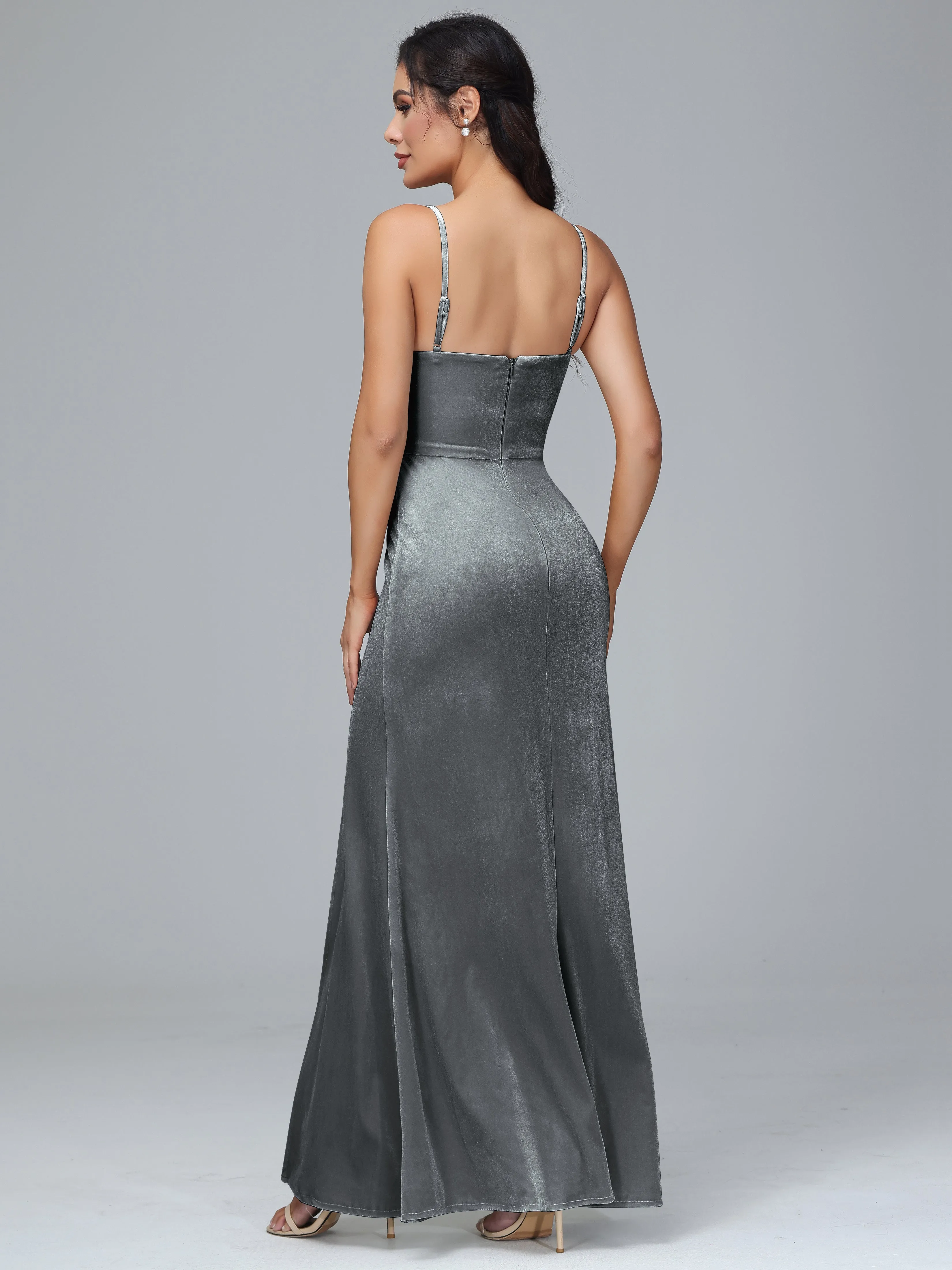 Spaghetti Straps Velvet Bridesmaid Dresses With Split