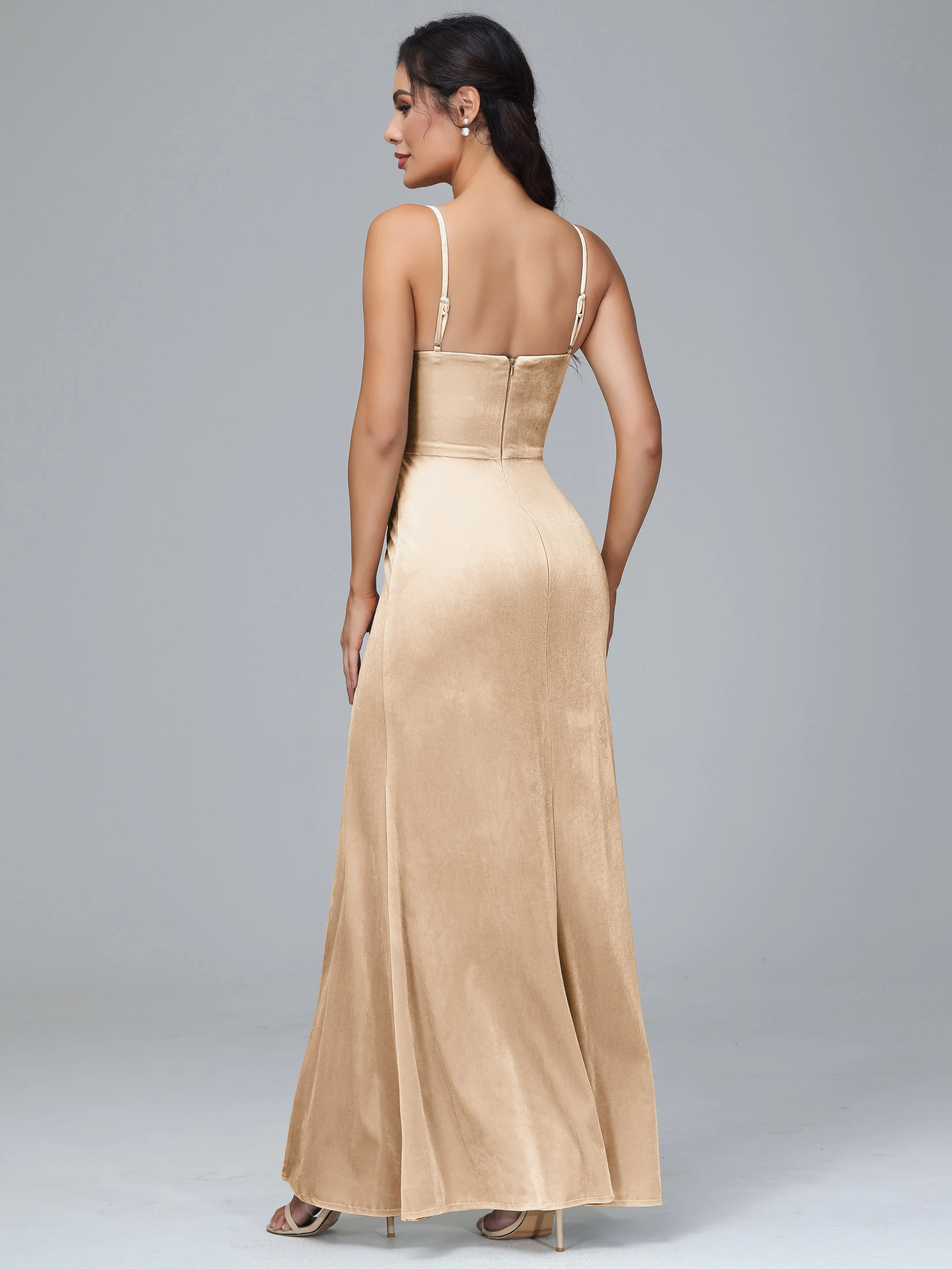 Spaghetti Straps Velvet Bridesmaid Dresses With Split