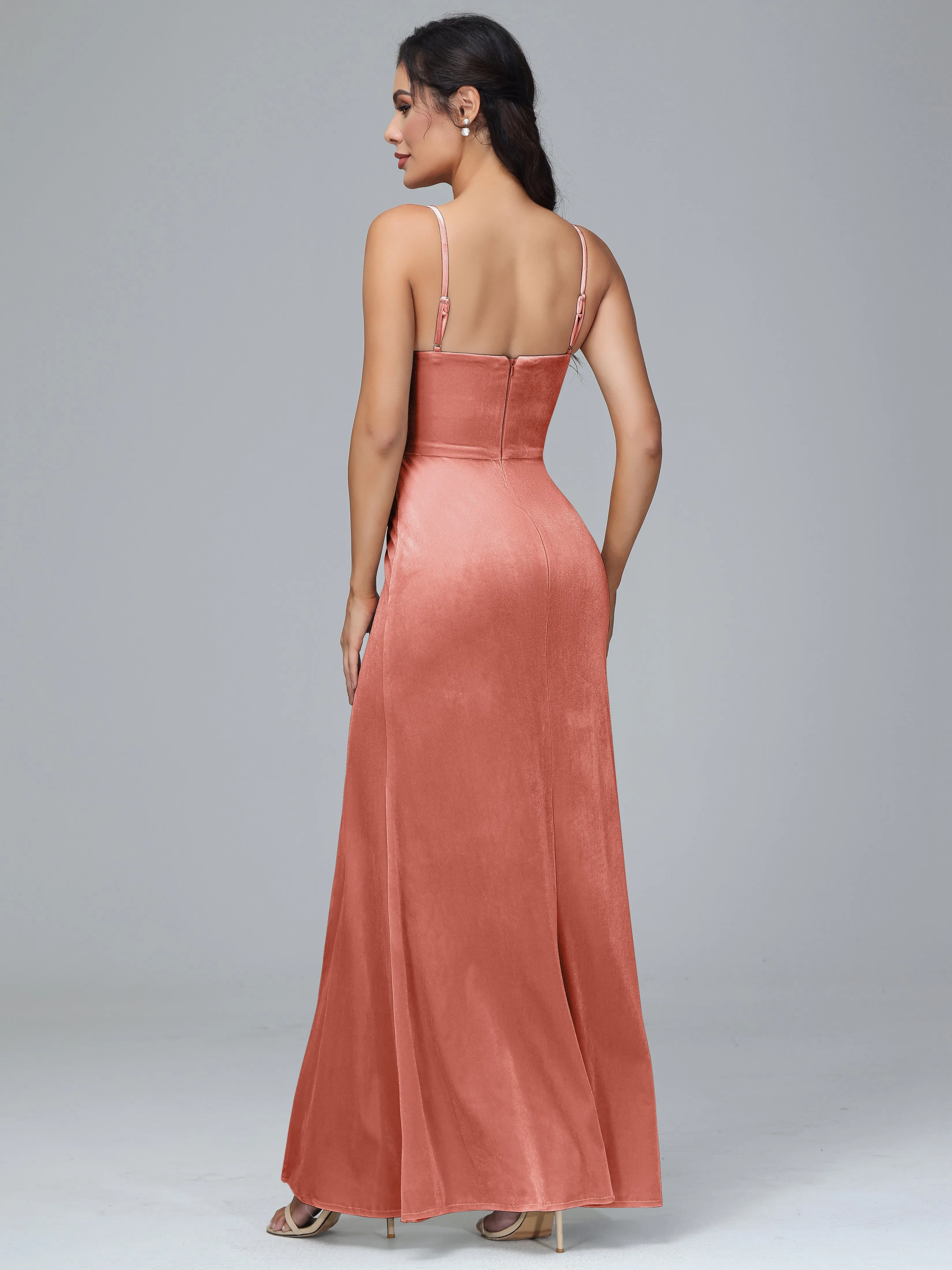 Spaghetti Straps Velvet Bridesmaid Dresses With Split