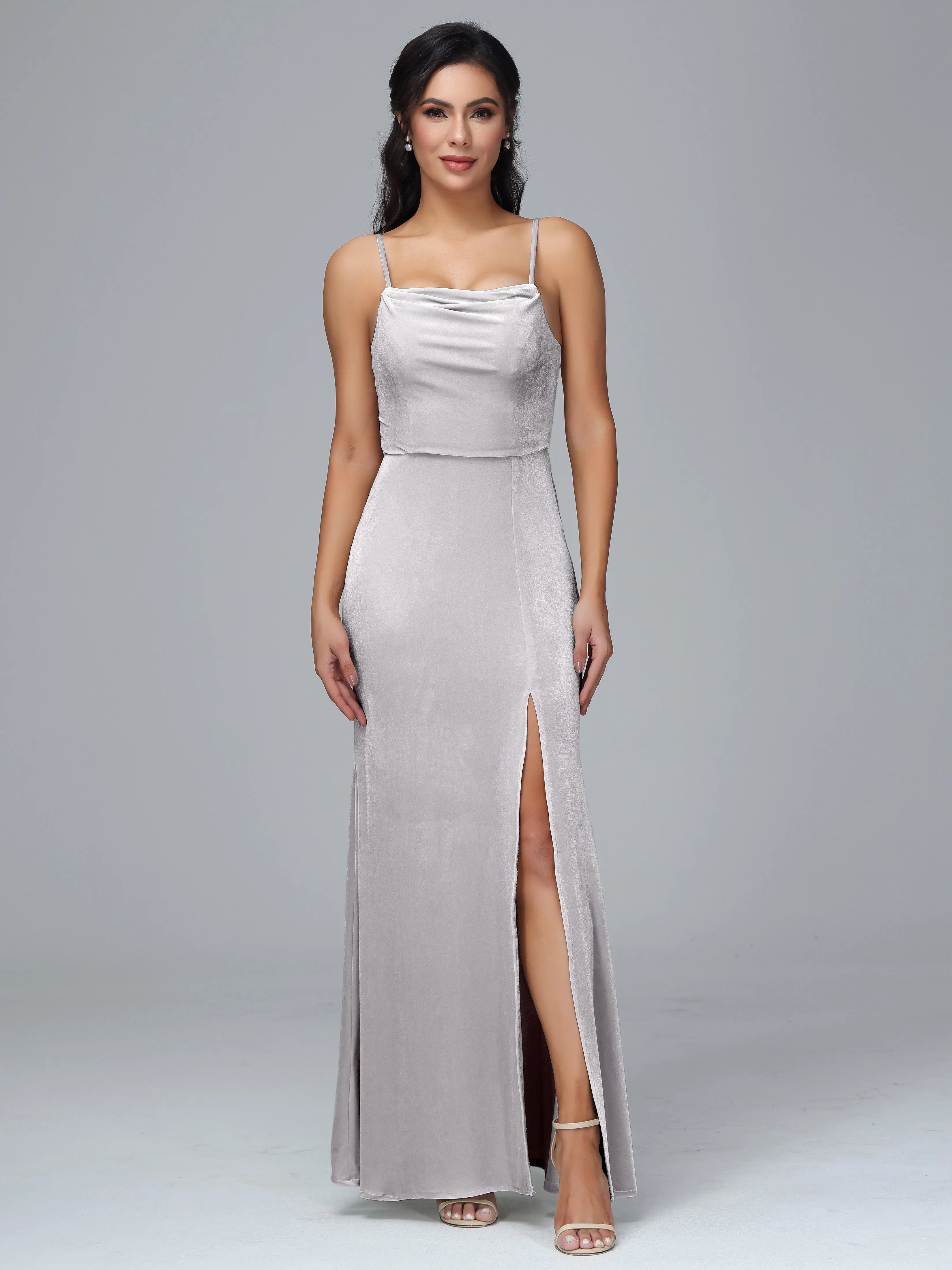 Spaghetti Straps Velvet Bridesmaid Dresses With Split