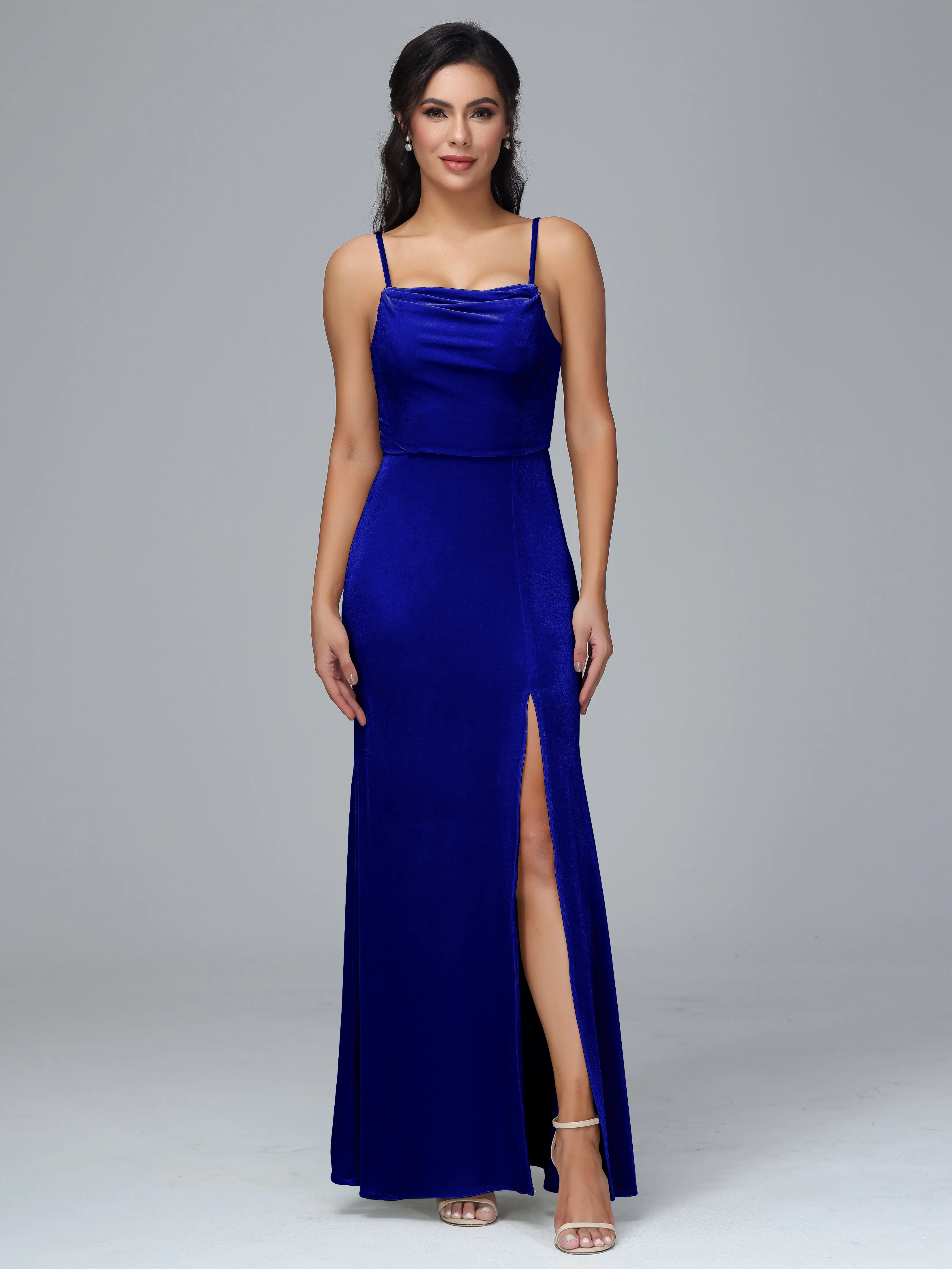 Spaghetti Straps Velvet Bridesmaid Dresses With Split