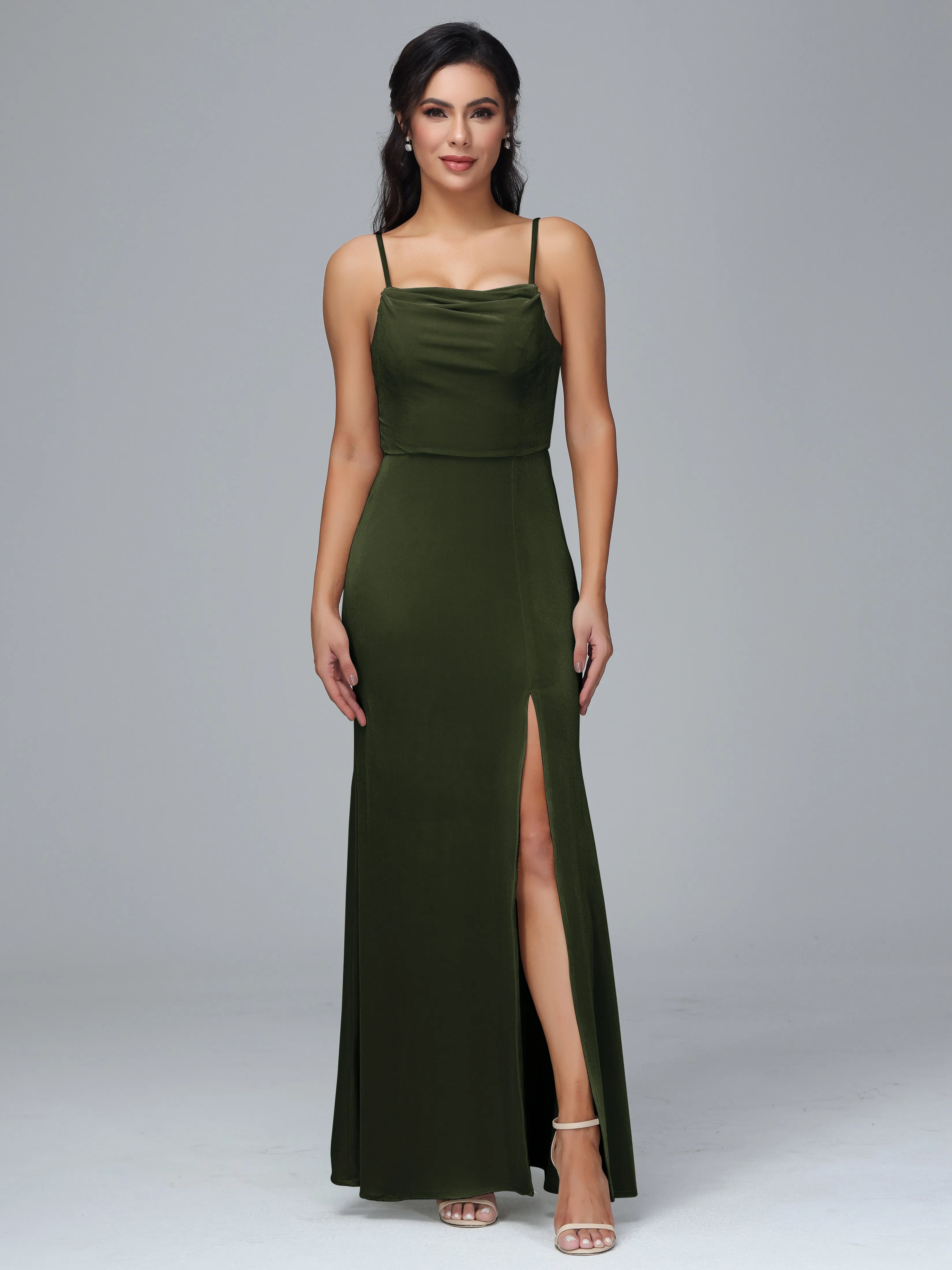 Spaghetti Straps Velvet Bridesmaid Dresses With Split