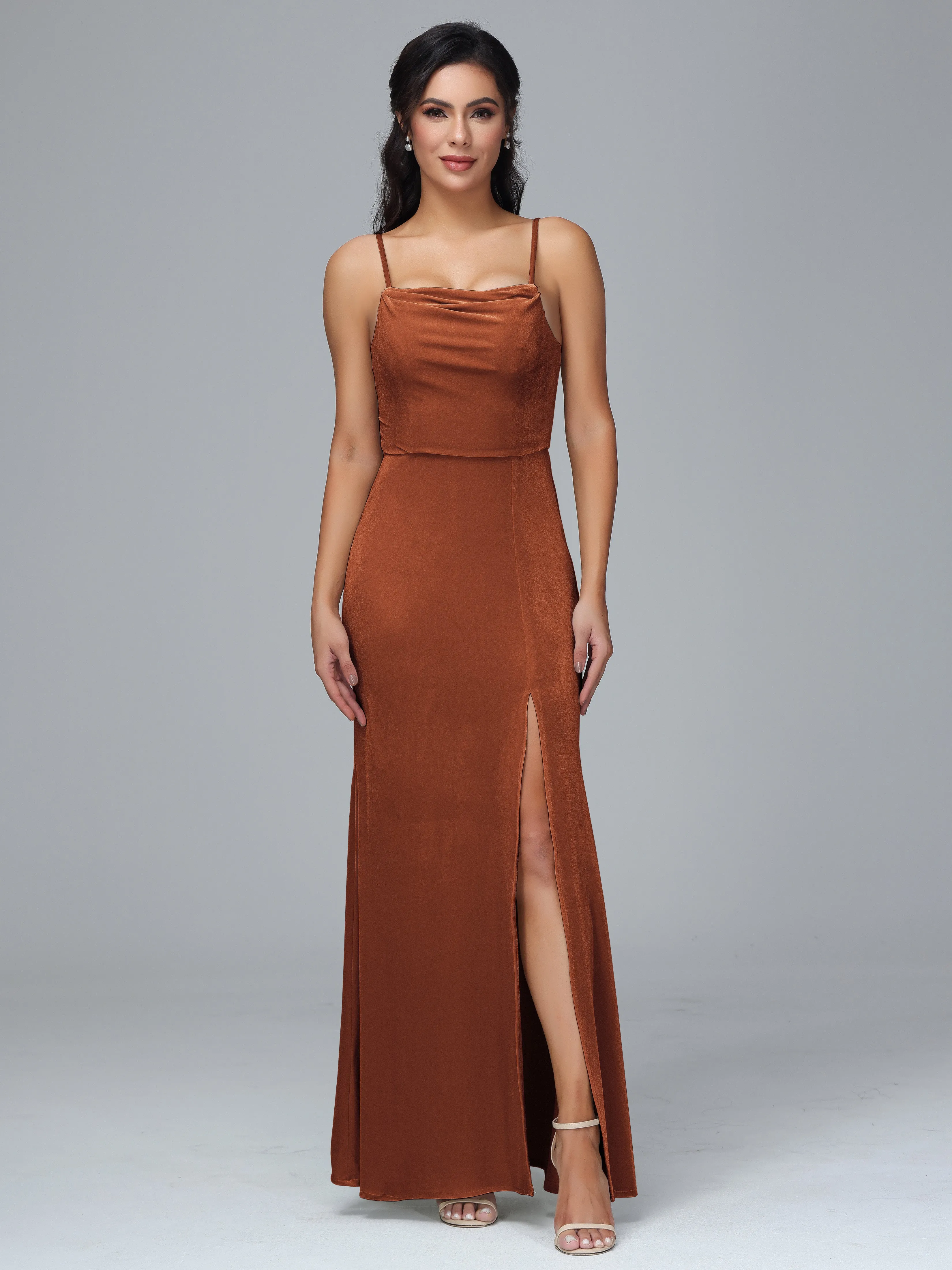 Spaghetti Straps Velvet Bridesmaid Dresses With Split