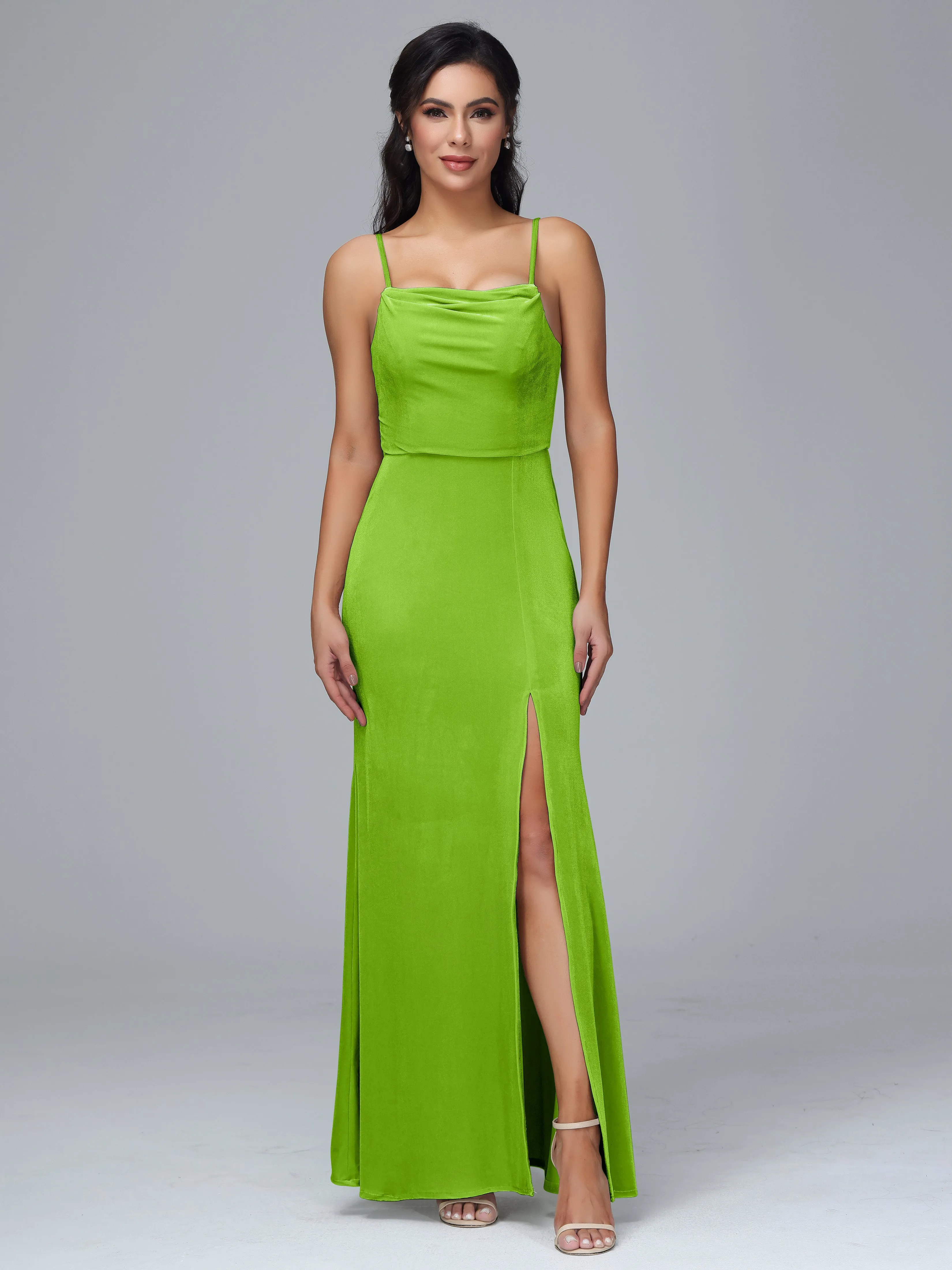 Spaghetti Straps Velvet Bridesmaid Dresses With Split