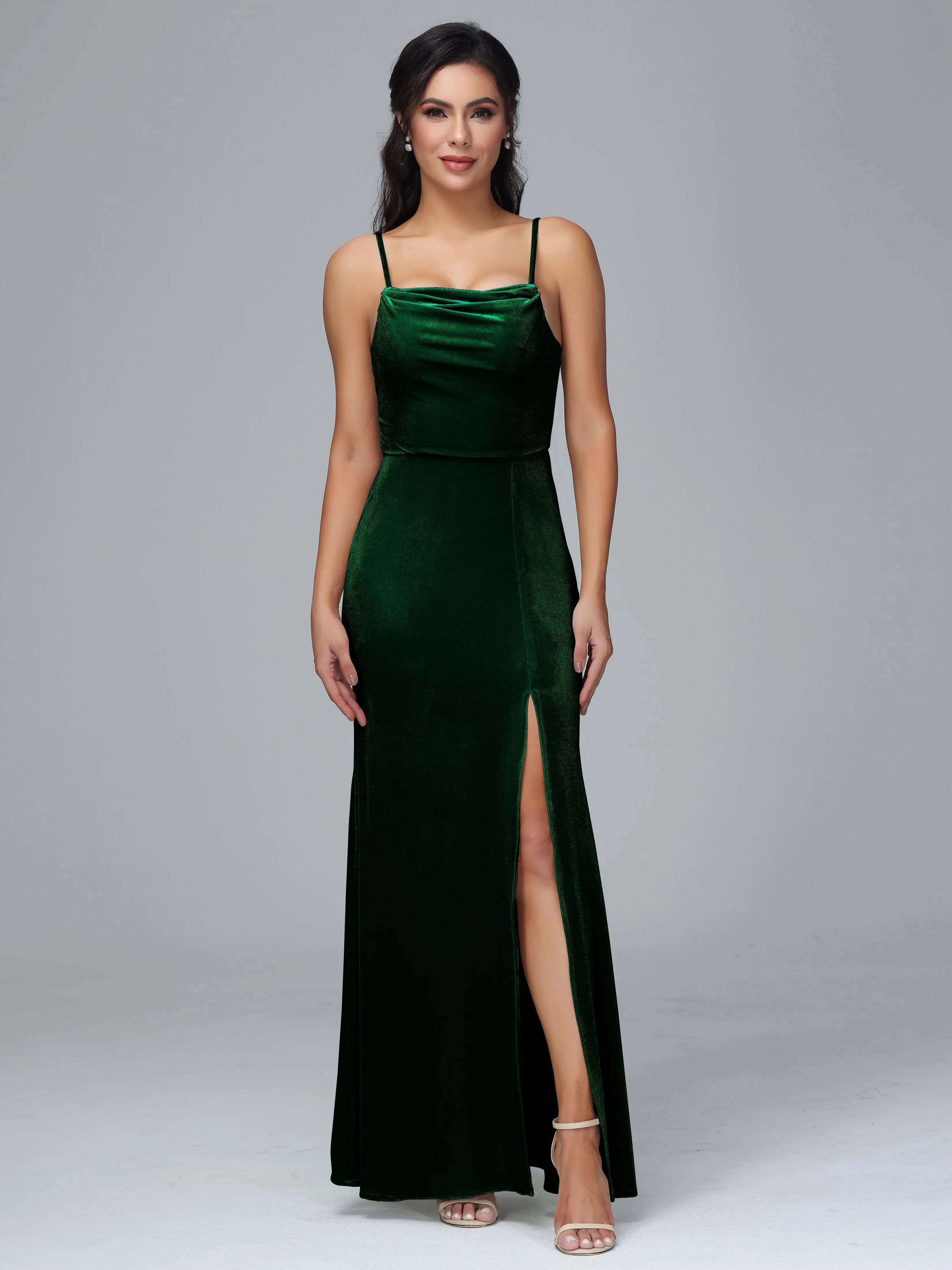 Spaghetti Straps Velvet Bridesmaid Dresses With Split