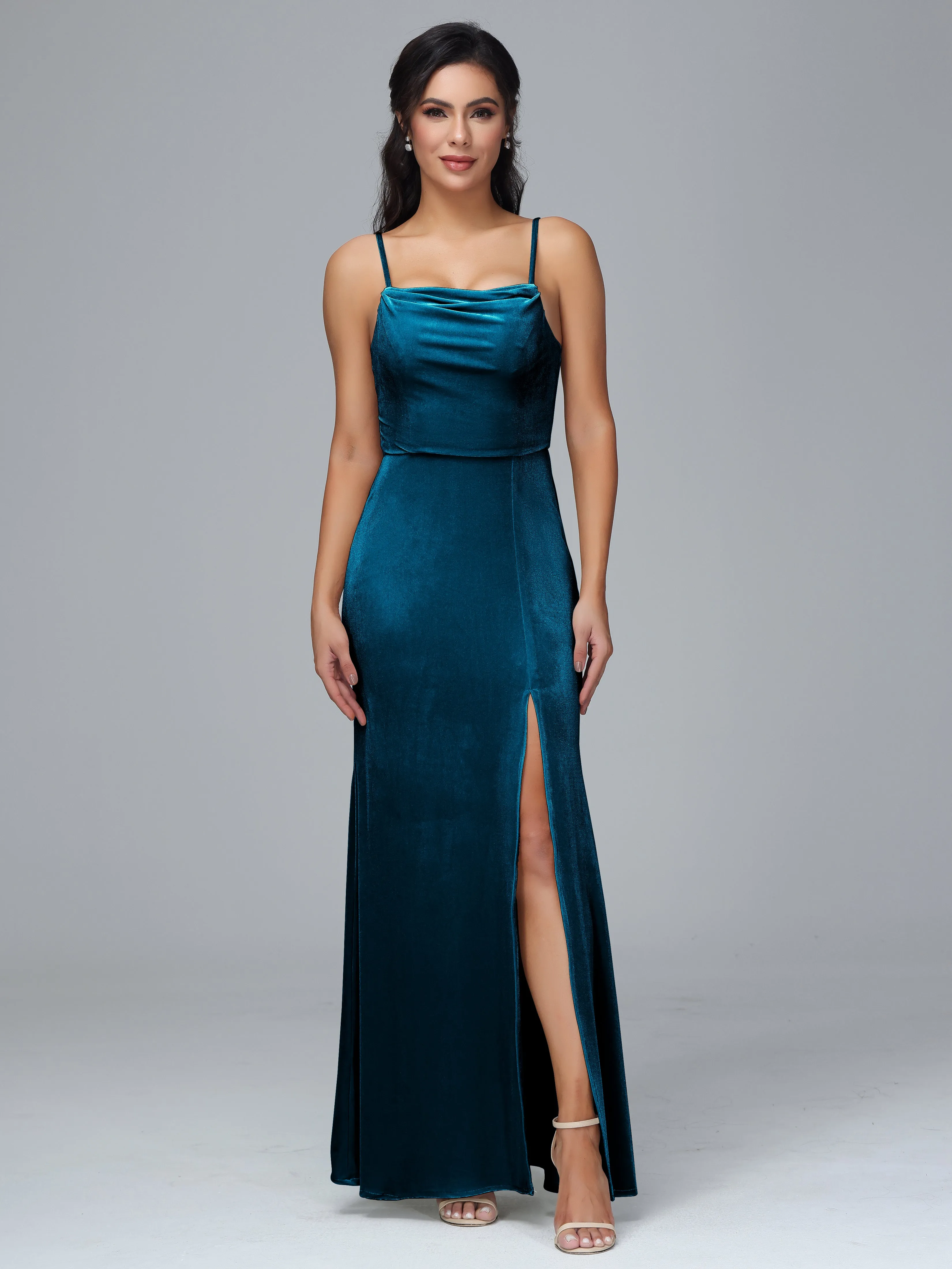 Spaghetti Straps Velvet Bridesmaid Dresses With Split