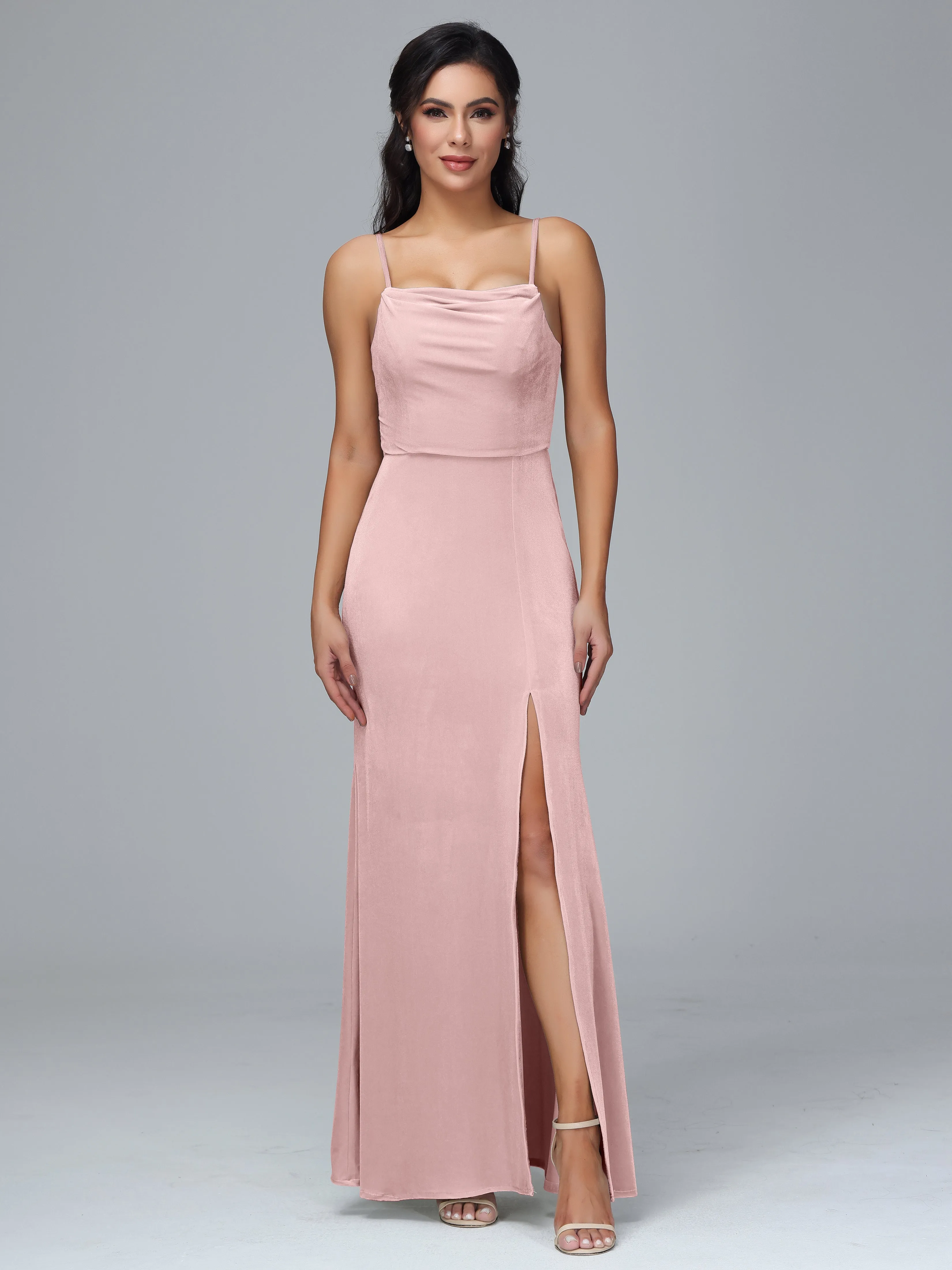 Spaghetti Straps Velvet Bridesmaid Dresses With Split