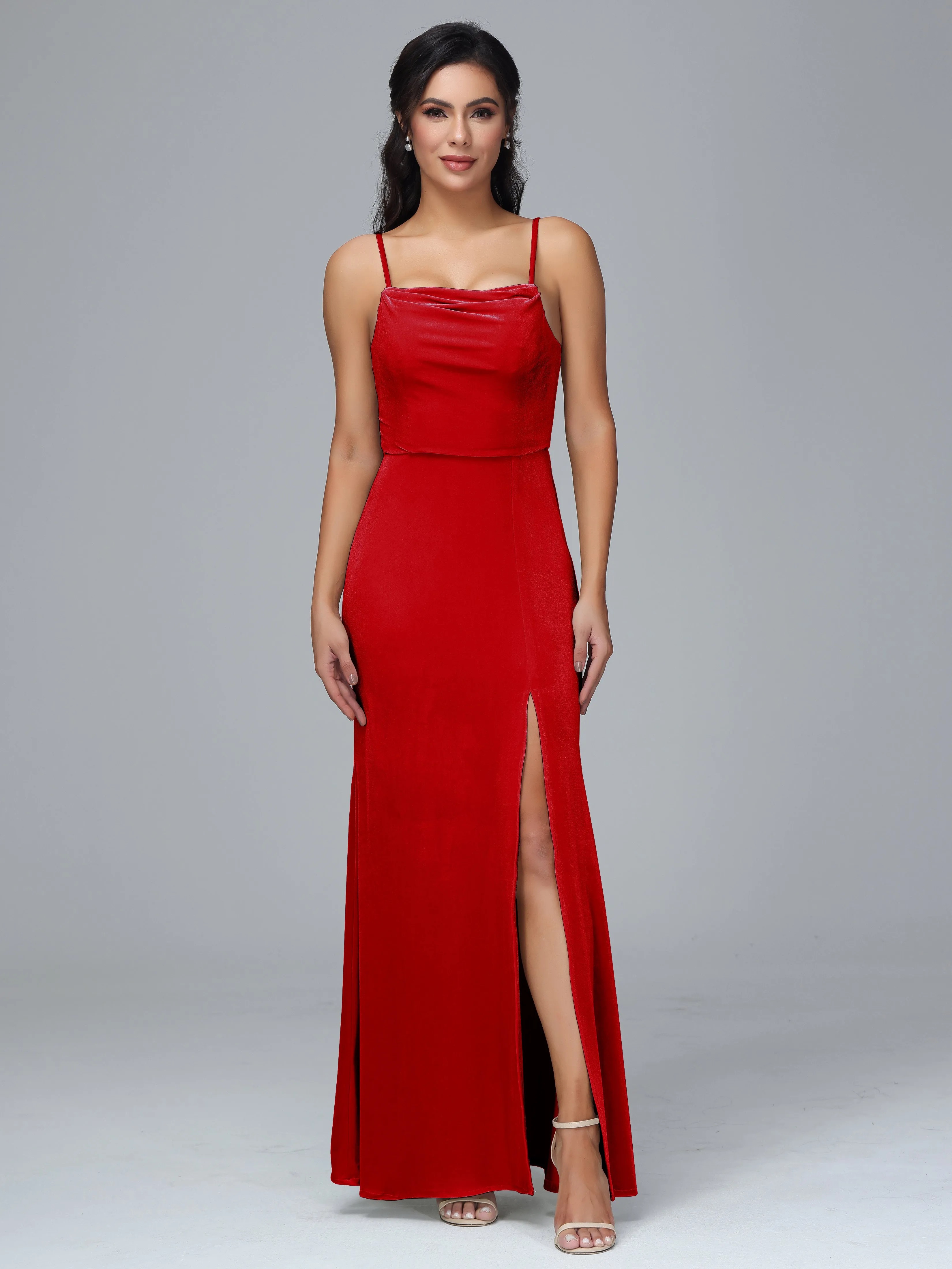 Spaghetti Straps Velvet Bridesmaid Dresses With Split