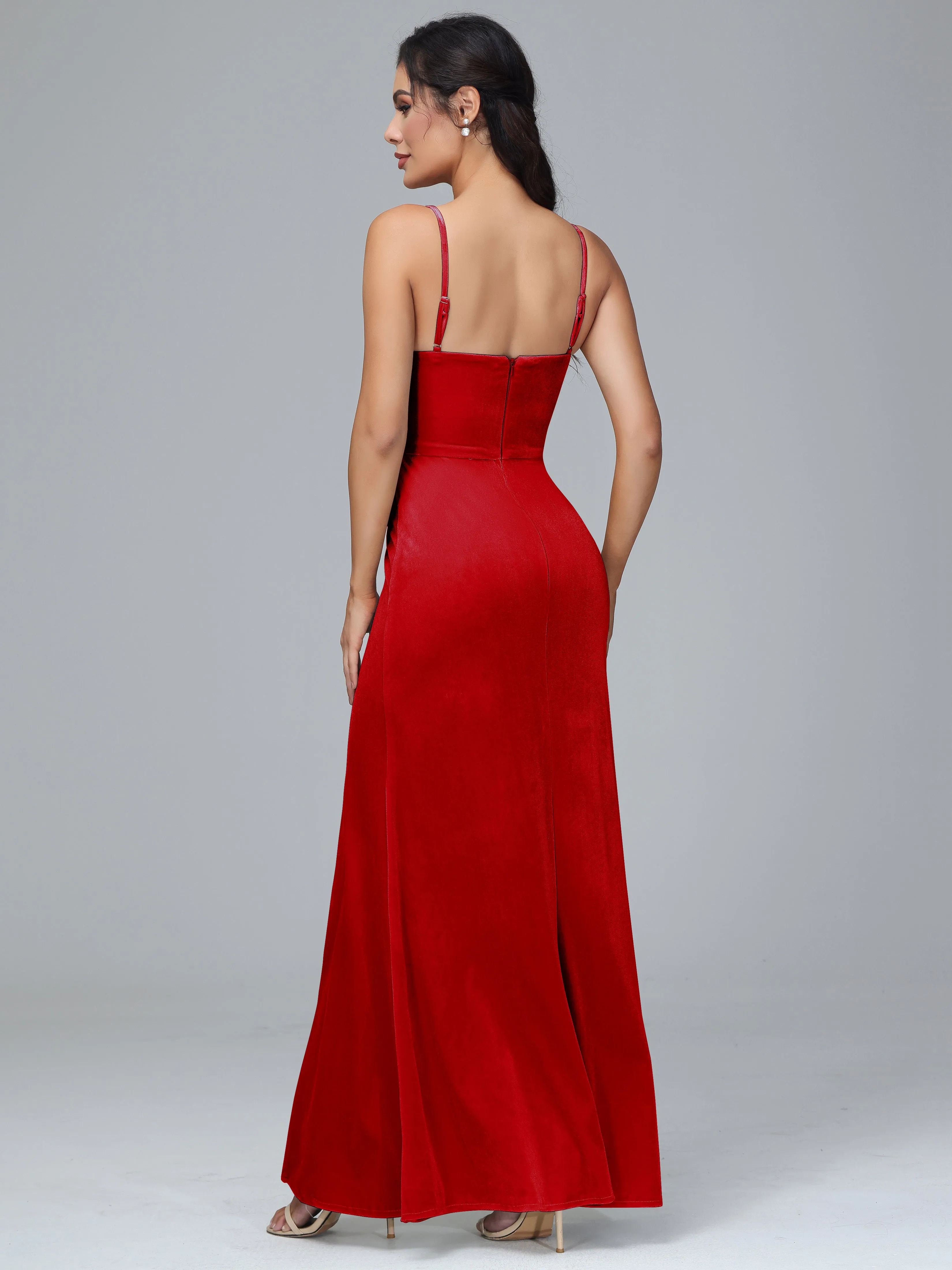 Spaghetti Straps Velvet Bridesmaid Dresses With Split