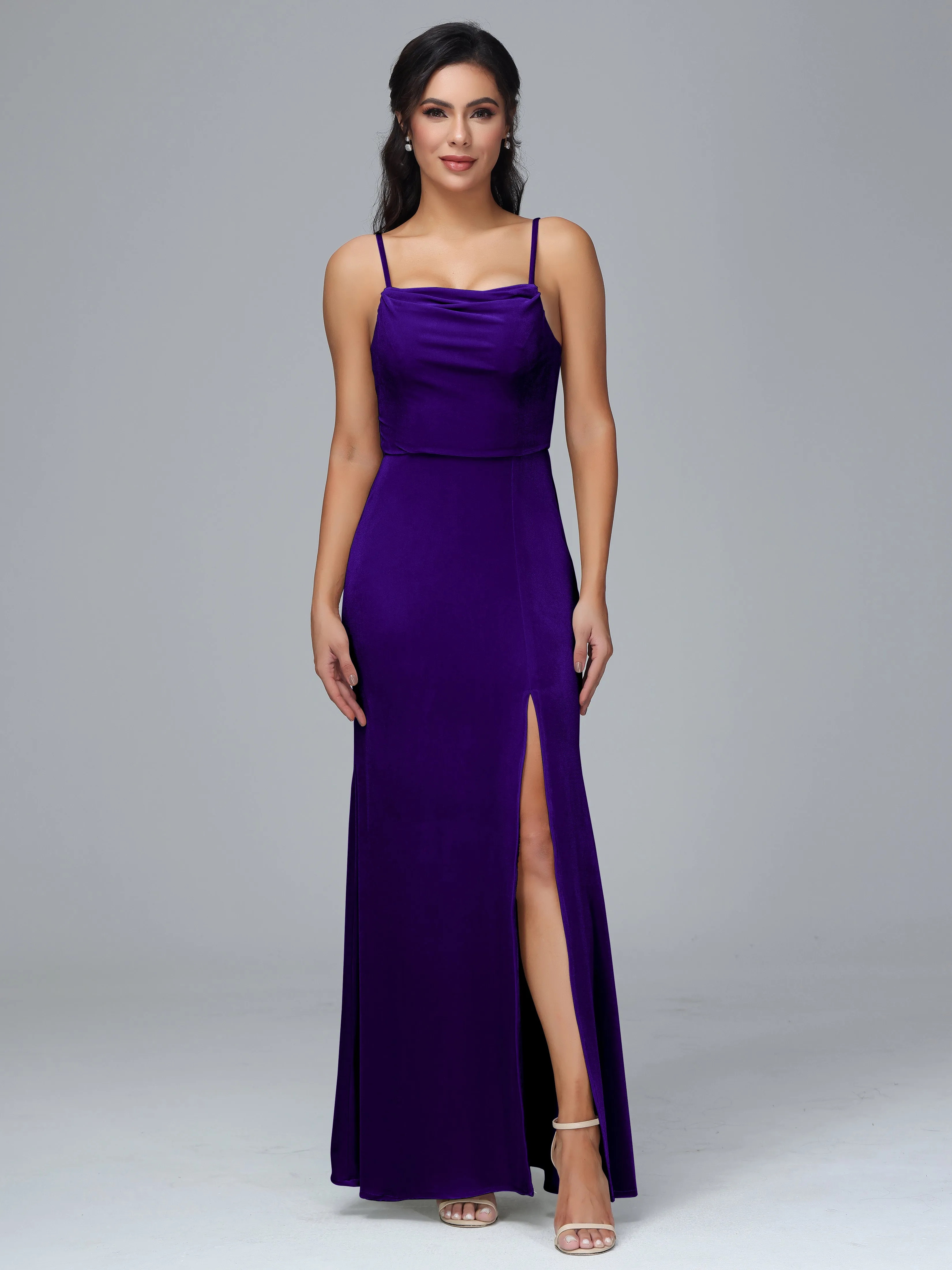 Spaghetti Straps Velvet Bridesmaid Dresses With Split