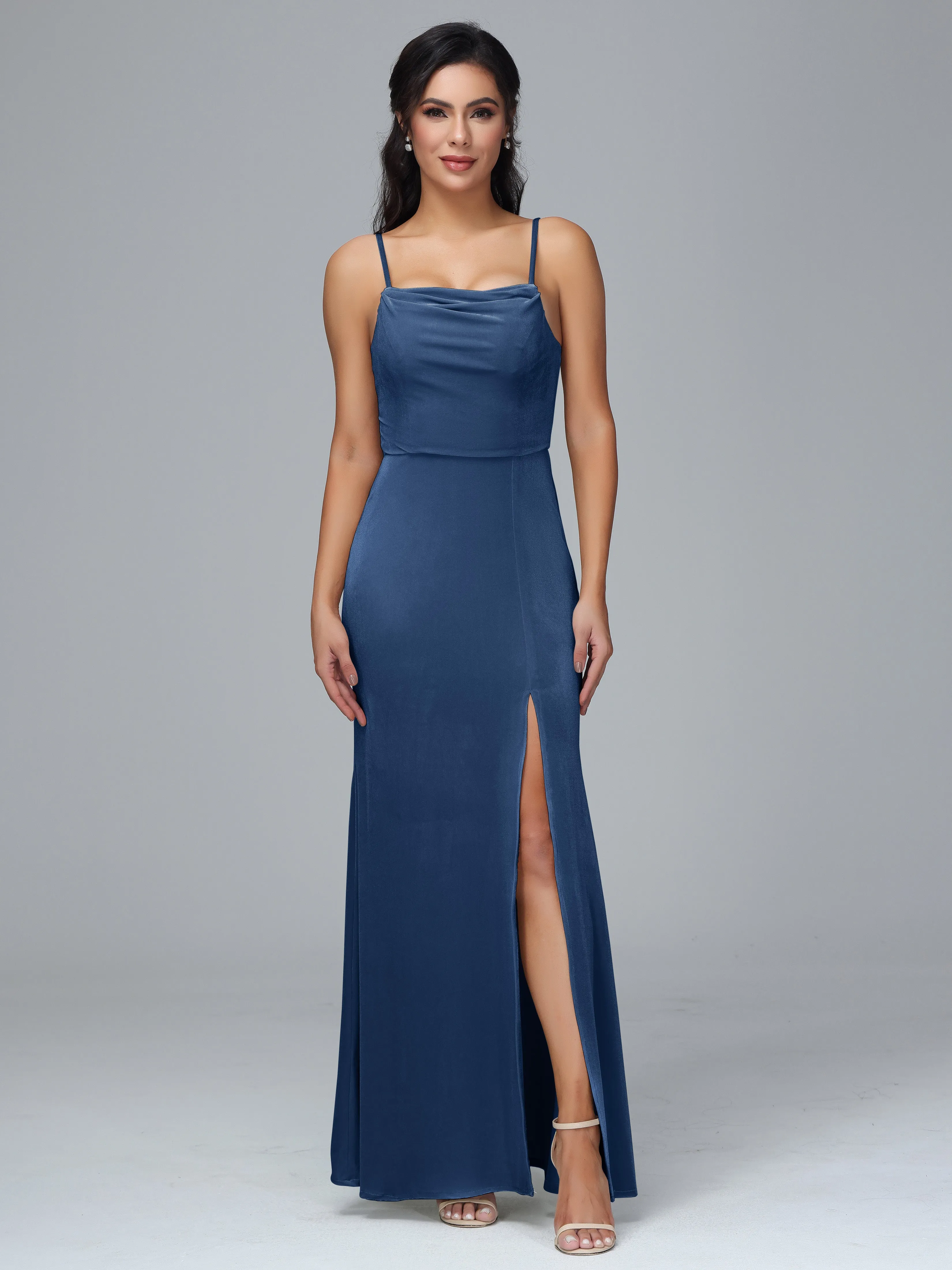 Spaghetti Straps Velvet Bridesmaid Dresses With Split