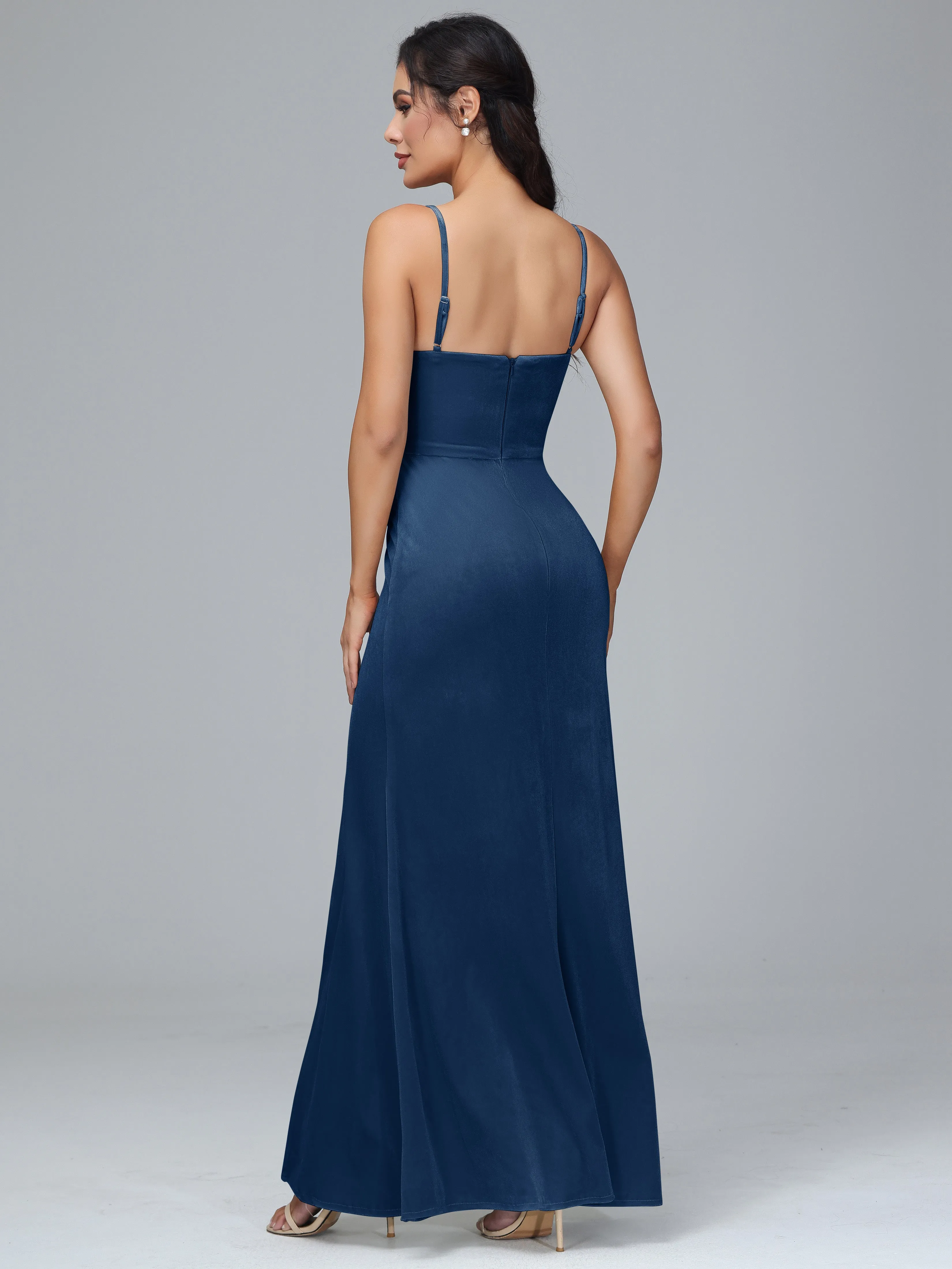 Spaghetti Straps Velvet Bridesmaid Dresses With Split
