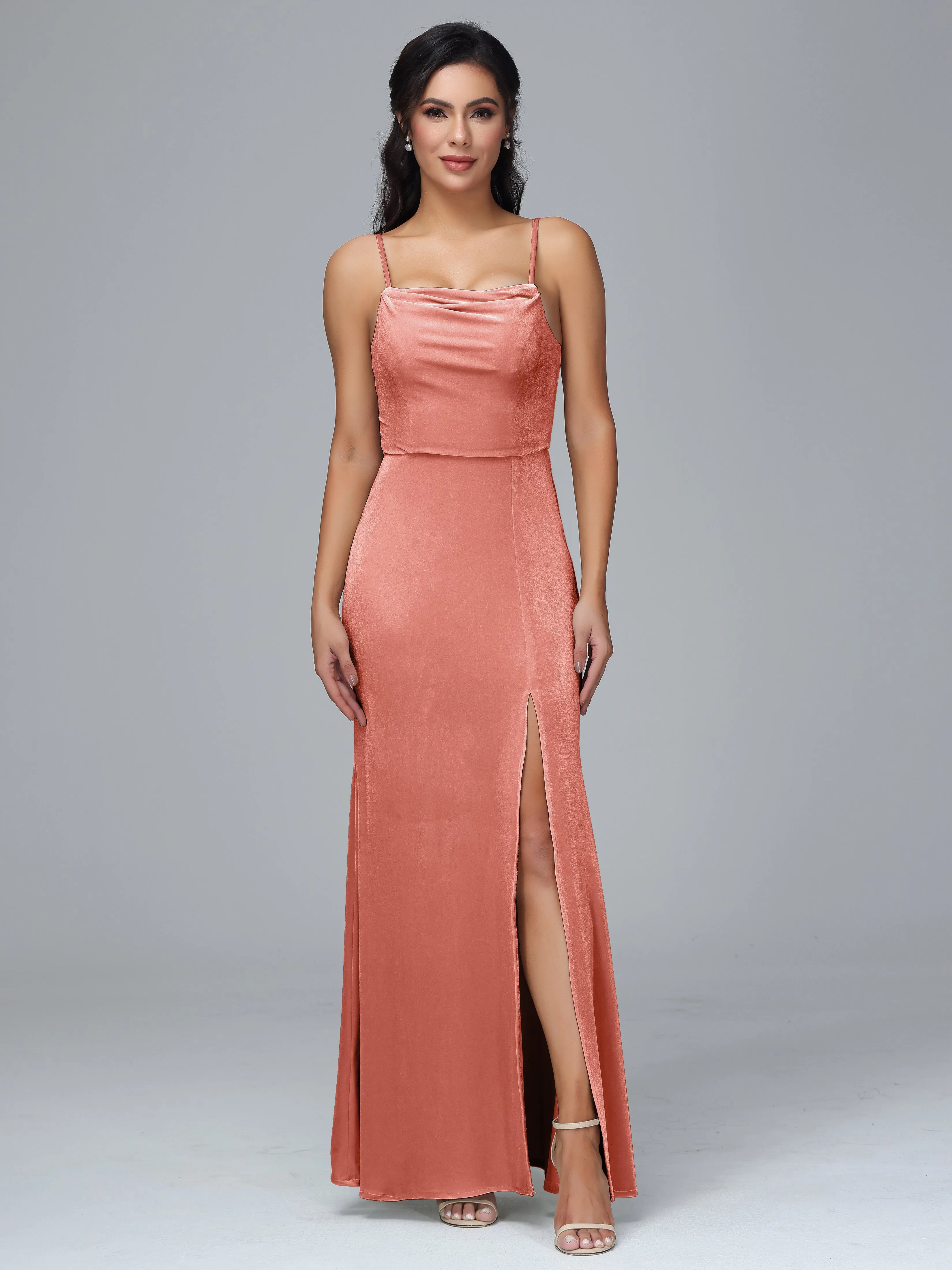 Spaghetti Straps Velvet Bridesmaid Dresses With Split