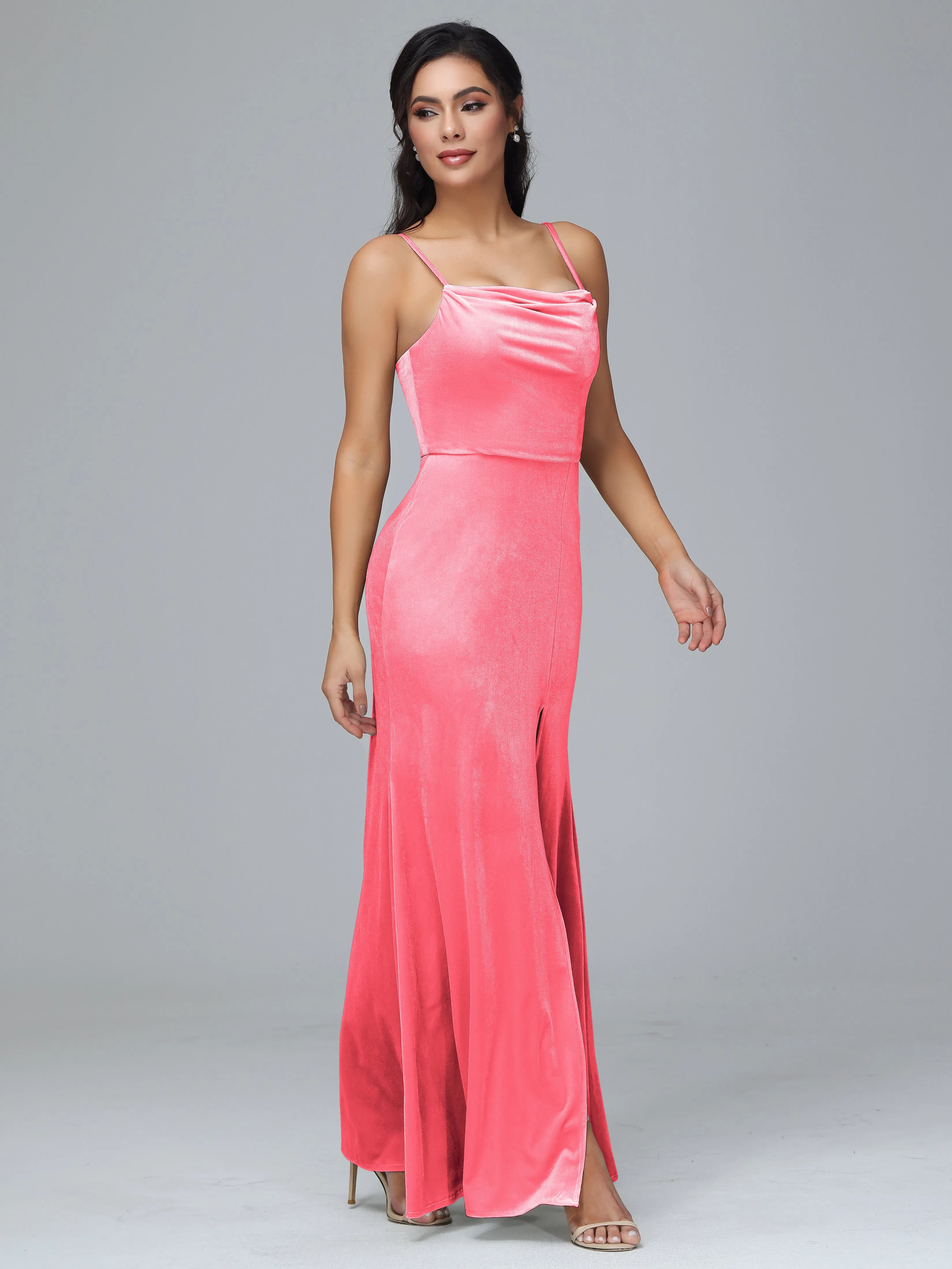 Spaghetti Straps Velvet Bridesmaid Dresses With Split