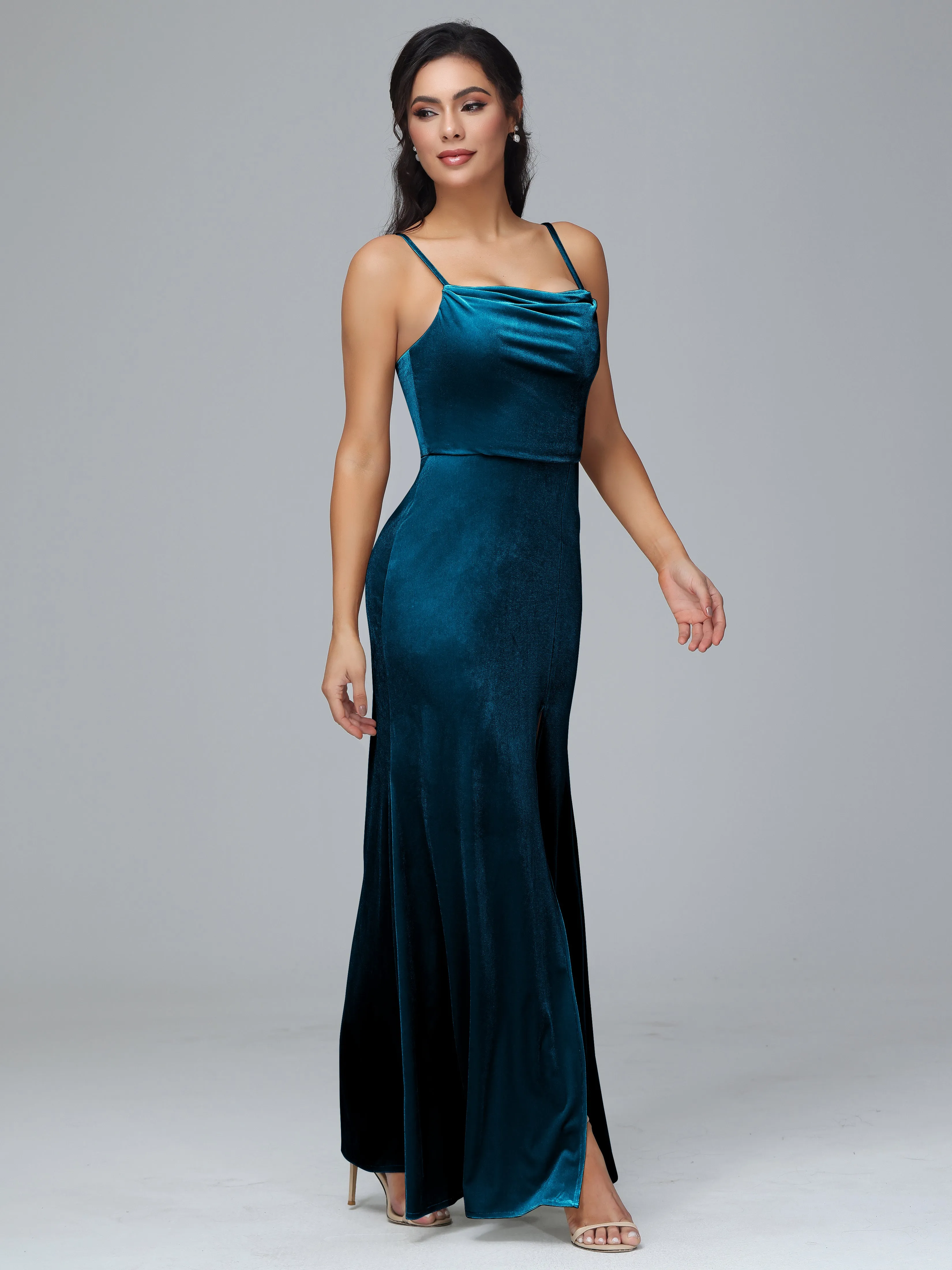Spaghetti Straps Velvet Bridesmaid Dresses With Split