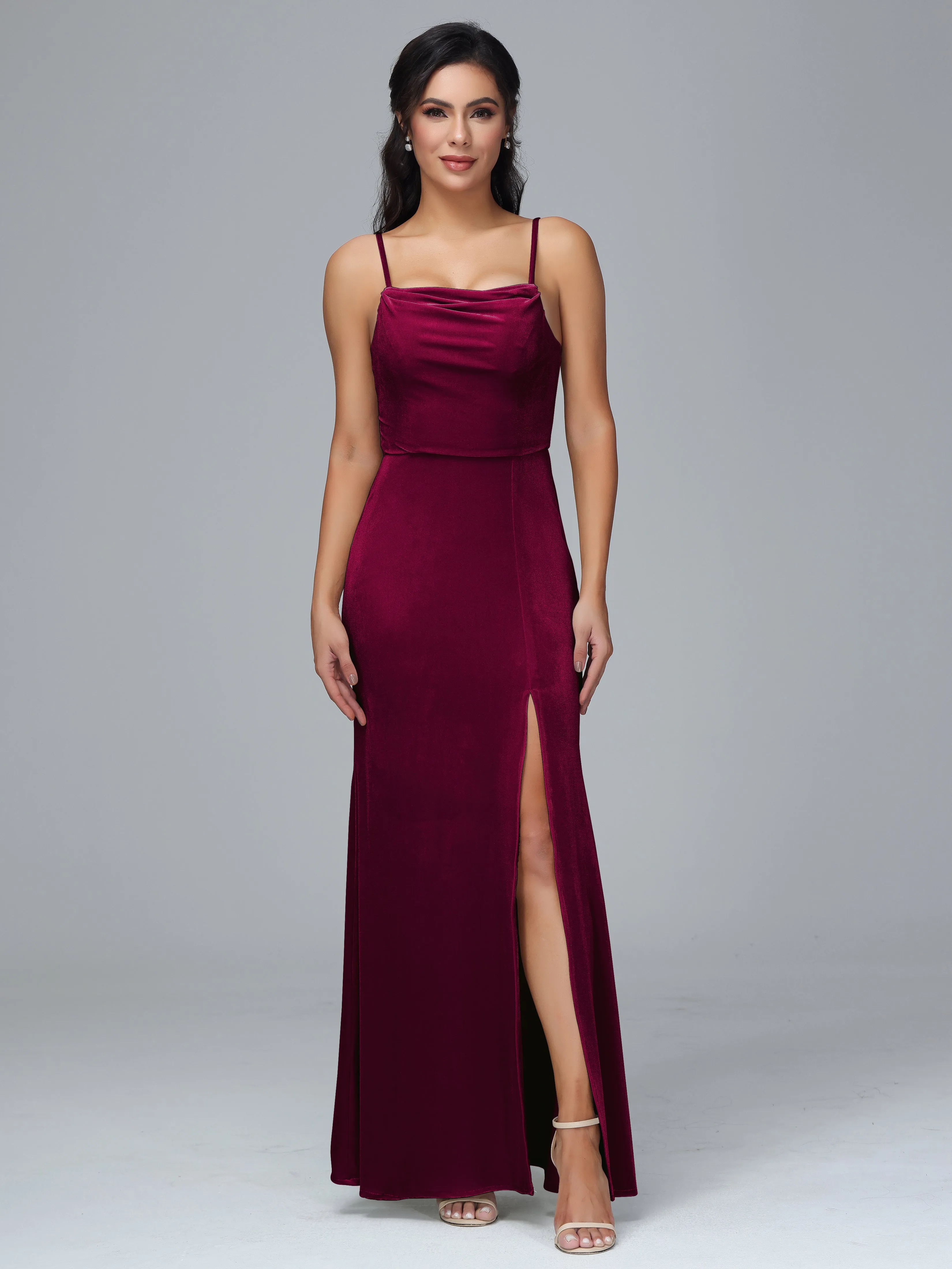 Spaghetti Straps Velvet Bridesmaid Dresses With Split