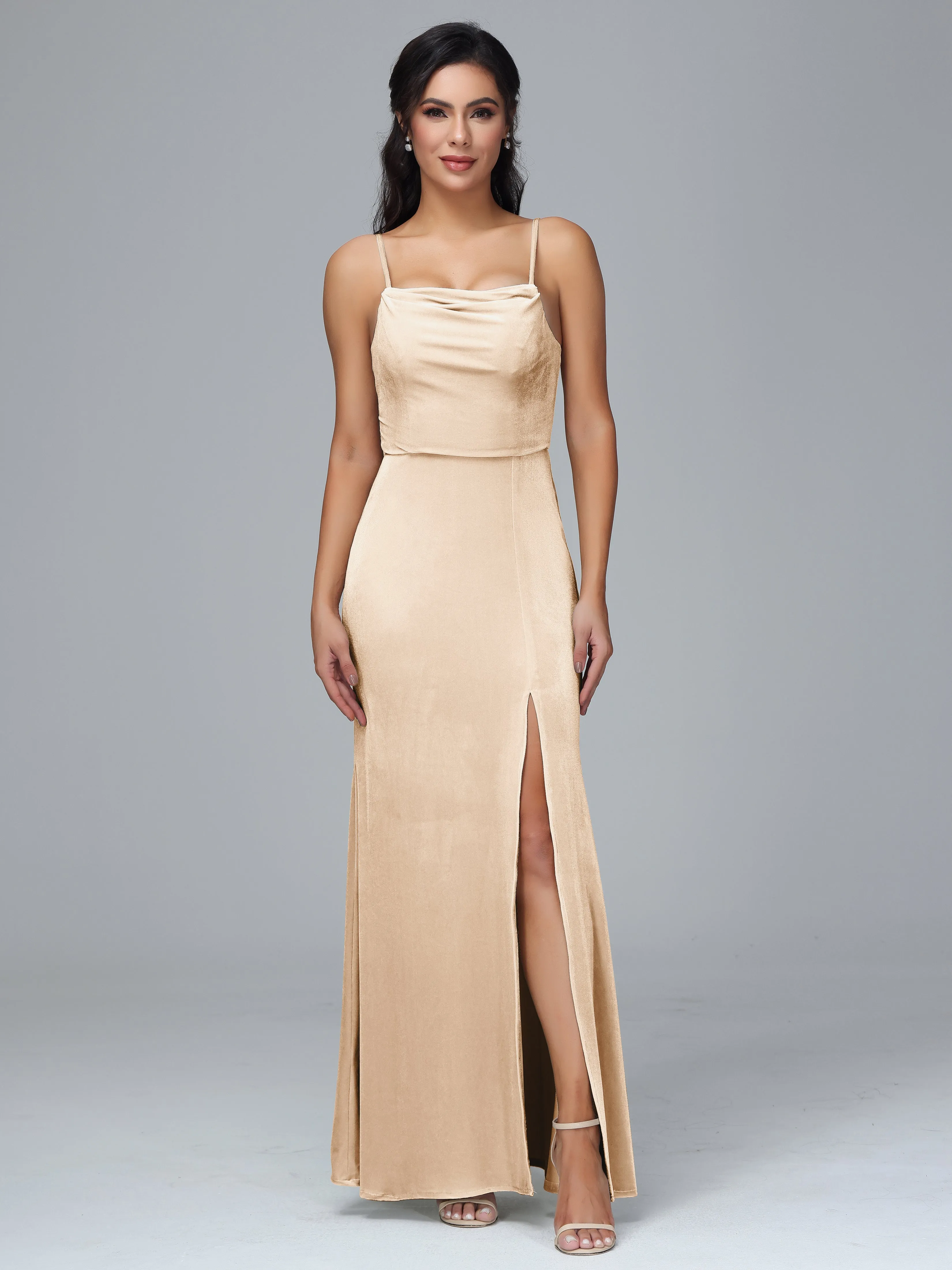 Spaghetti Straps Velvet Bridesmaid Dresses With Split