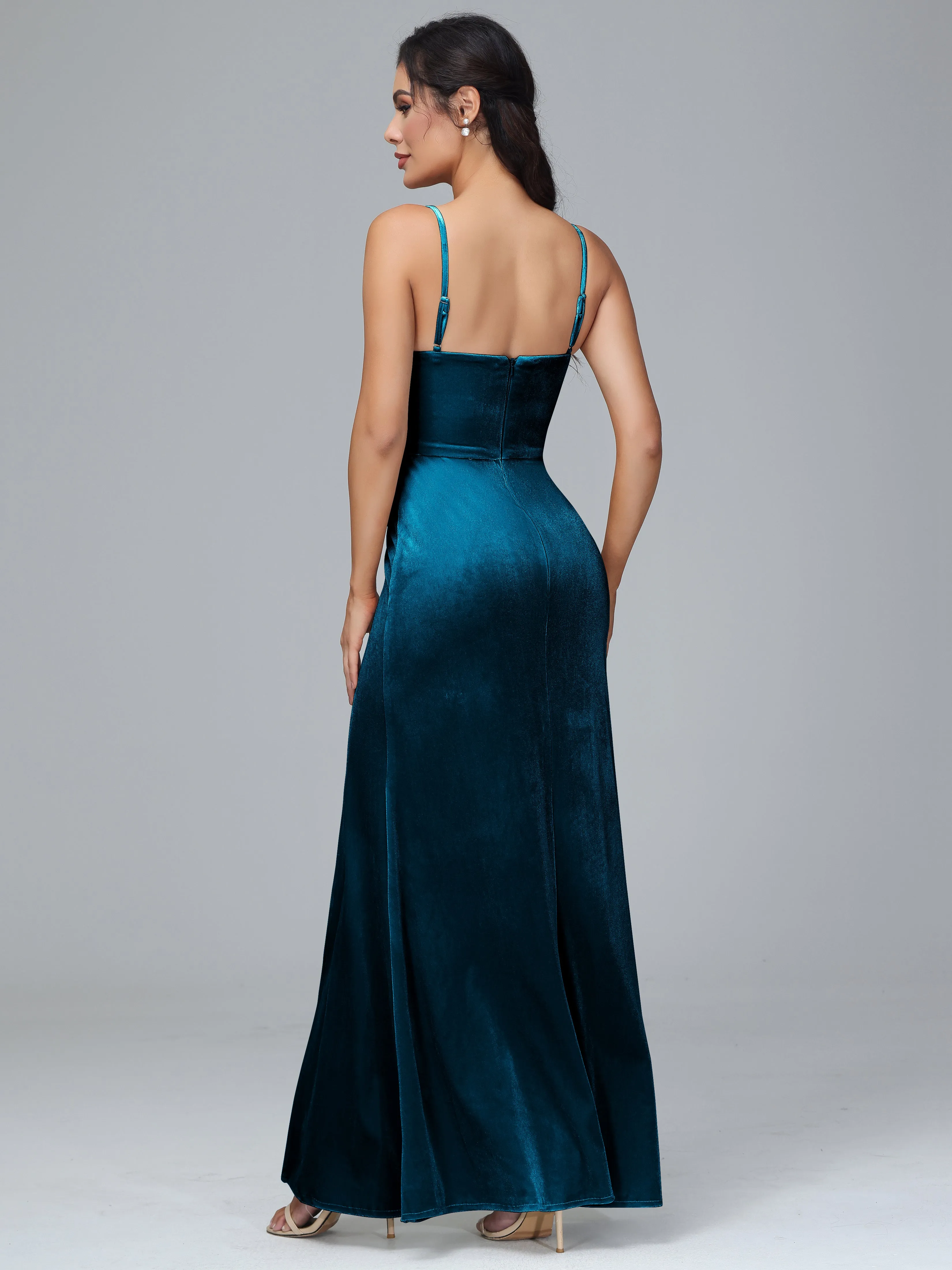 Spaghetti Straps Velvet Bridesmaid Dresses With Split