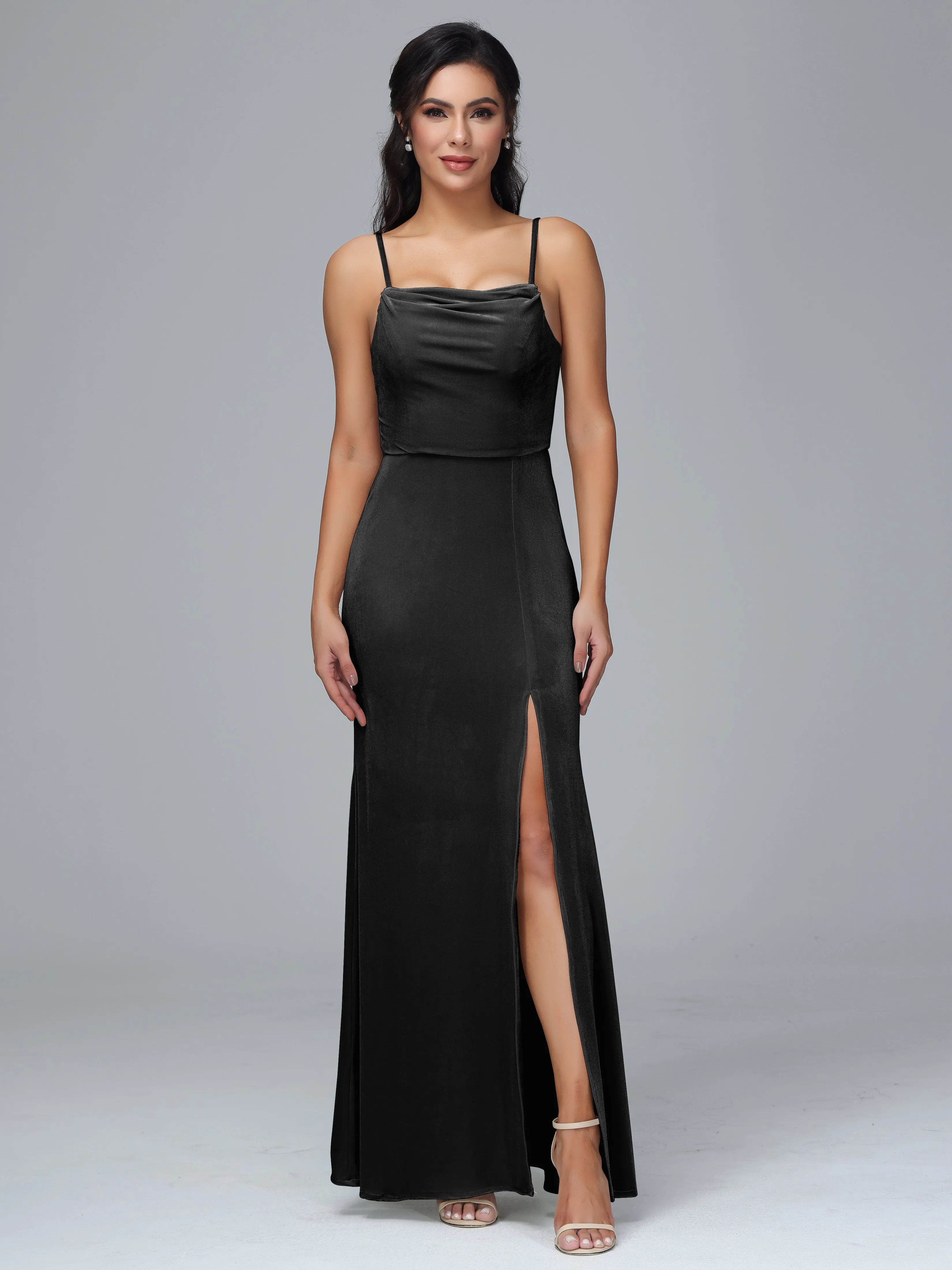 Spaghetti Straps Velvet Bridesmaid Dresses With Split