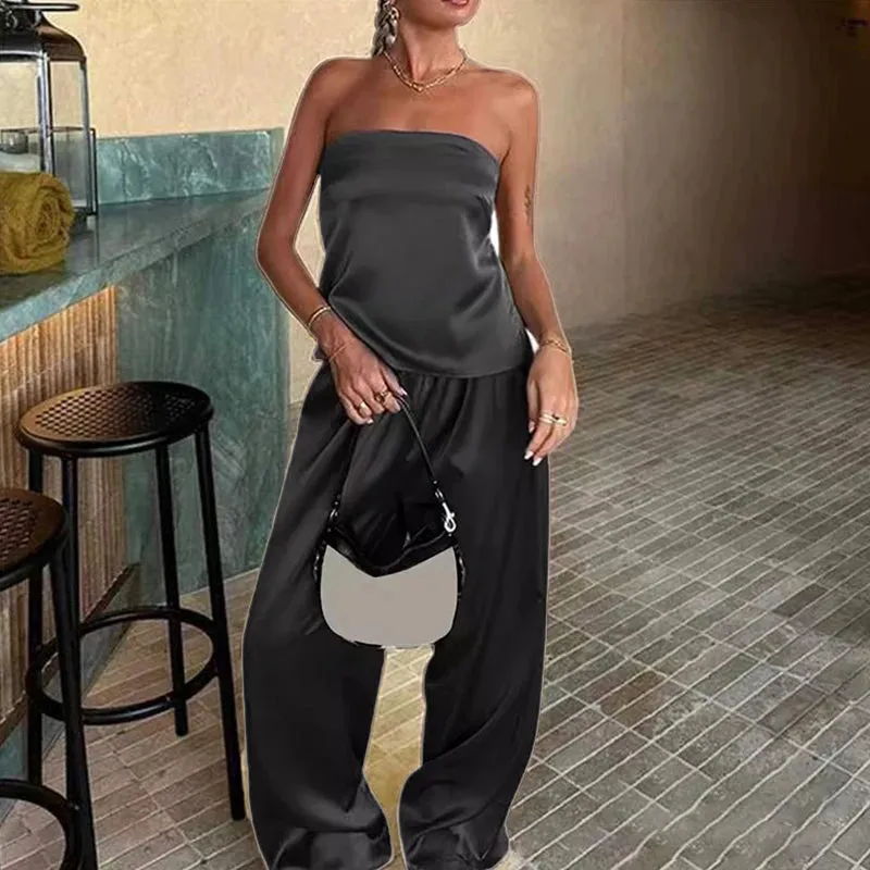 UAKISS  -  Fashion Strapless Tube Tops Blouse Wide Leg Pant Outfits Ladies Sexy Satin Two Piece Set Elegant Temperament Slim Party Suit