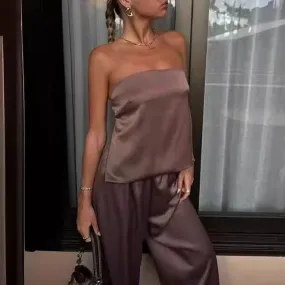 UAKISS  -  Fashion Strapless Tube Tops Blouse Wide Leg Pant Outfits Ladies Sexy Satin Two Piece Set Elegant Temperament Slim Party Suit