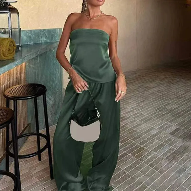 UAKISS  -  Fashion Strapless Tube Tops Blouse Wide Leg Pant Outfits Ladies Sexy Satin Two Piece Set Elegant Temperament Slim Party Suit