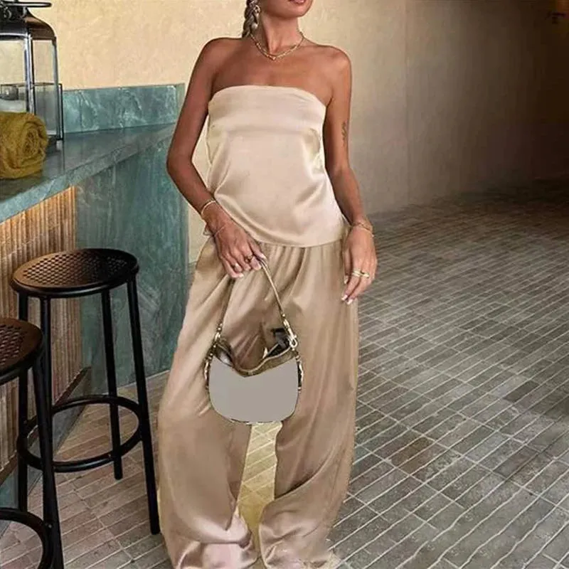 UAKISS  -  Fashion Strapless Tube Tops Blouse Wide Leg Pant Outfits Ladies Sexy Satin Two Piece Set Elegant Temperament Slim Party Suit