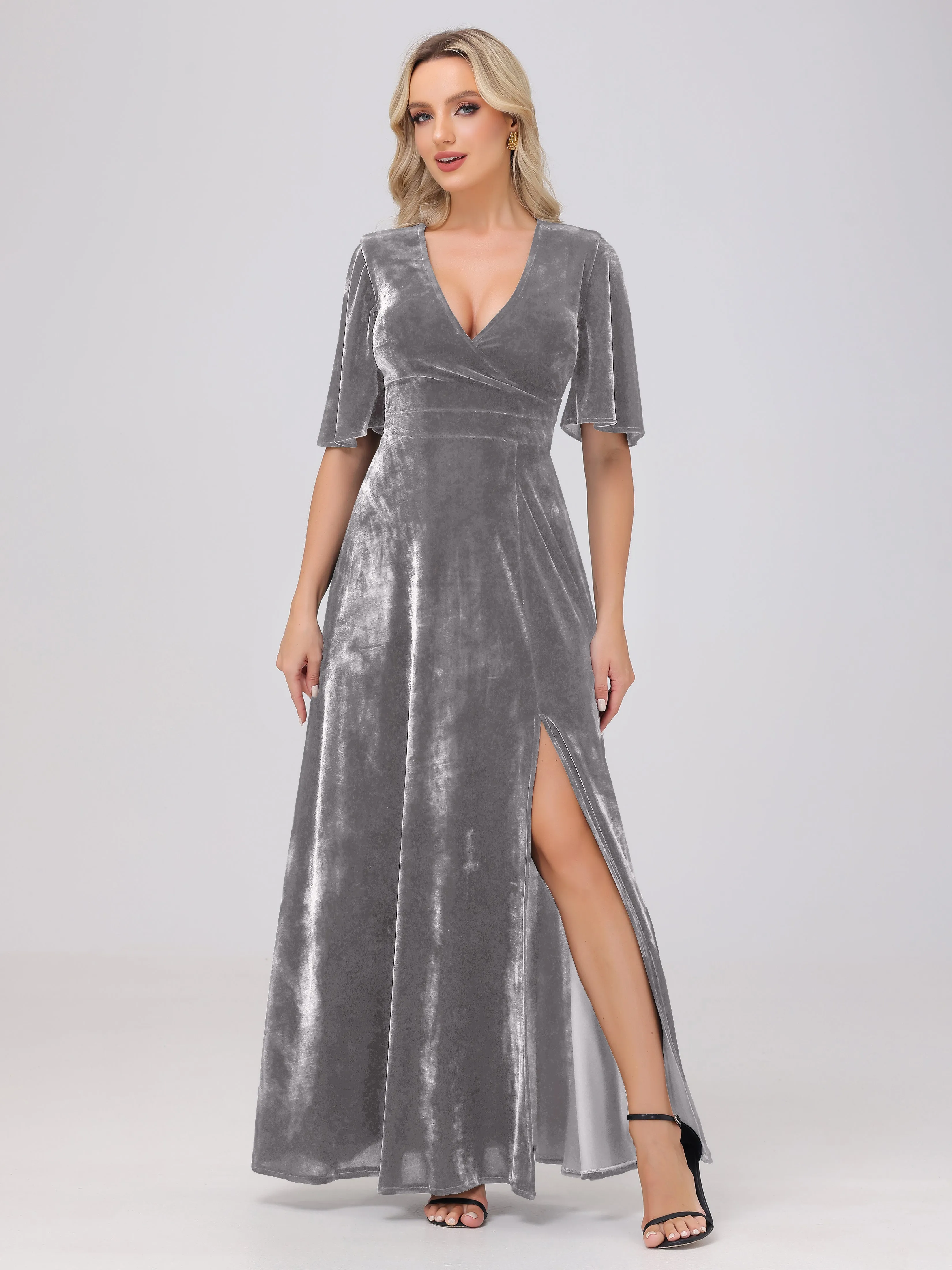 V-Neck Short Sleeves Long Velvet Bridesmaid Dresses With Split