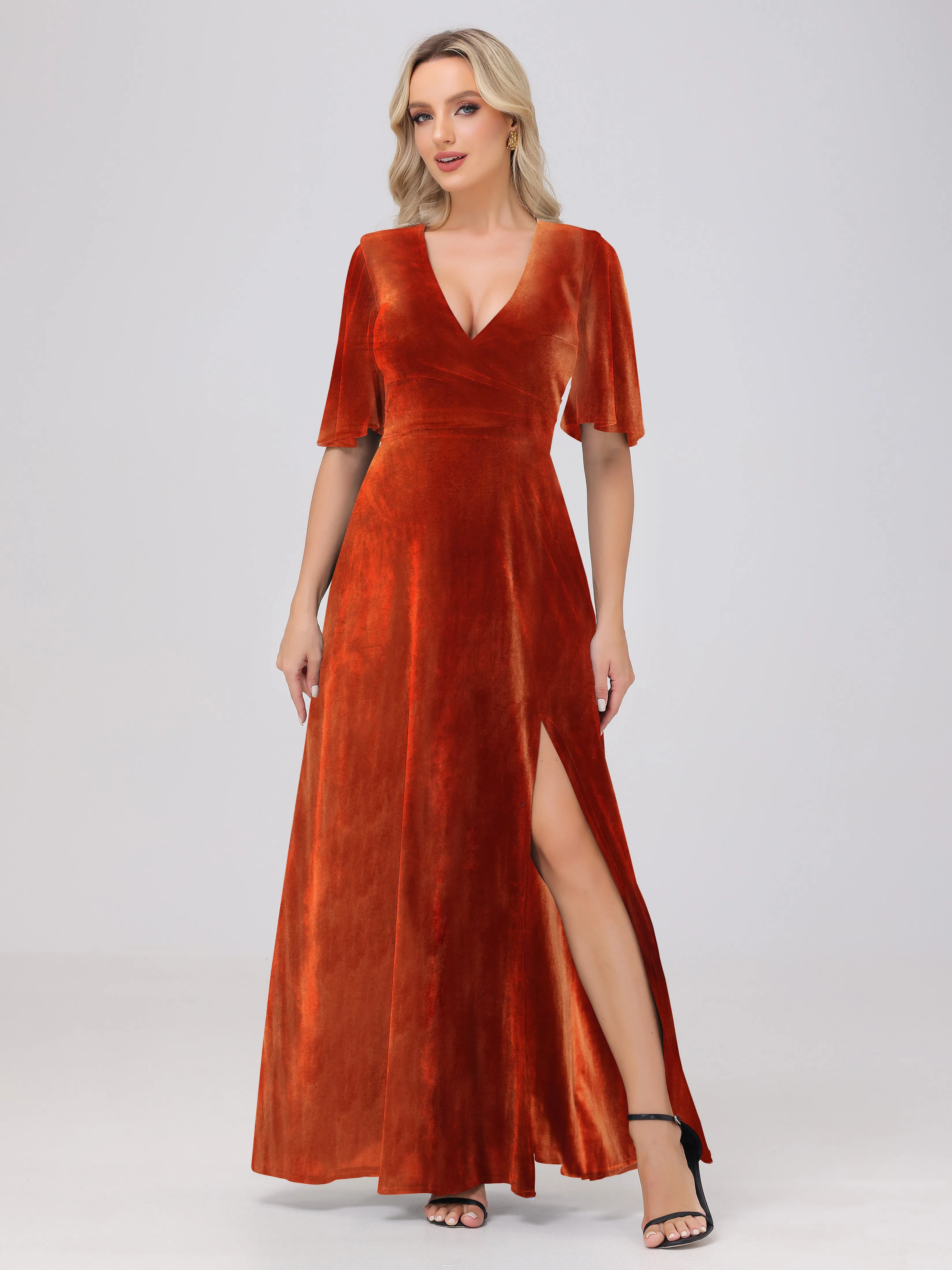 V-Neck Short Sleeves Long Velvet Bridesmaid Dresses With Split