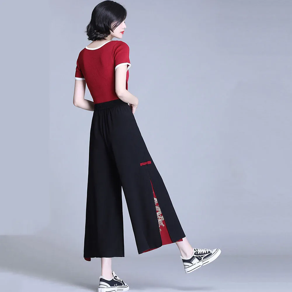 Vintage Dragon Embroidery Chiffon Wide-leg Pants