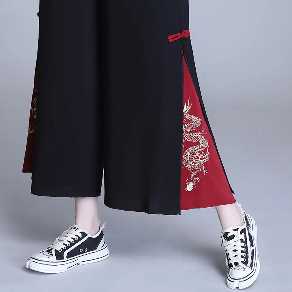 Vintage Dragon Embroidery Chiffon Wide-leg Pants